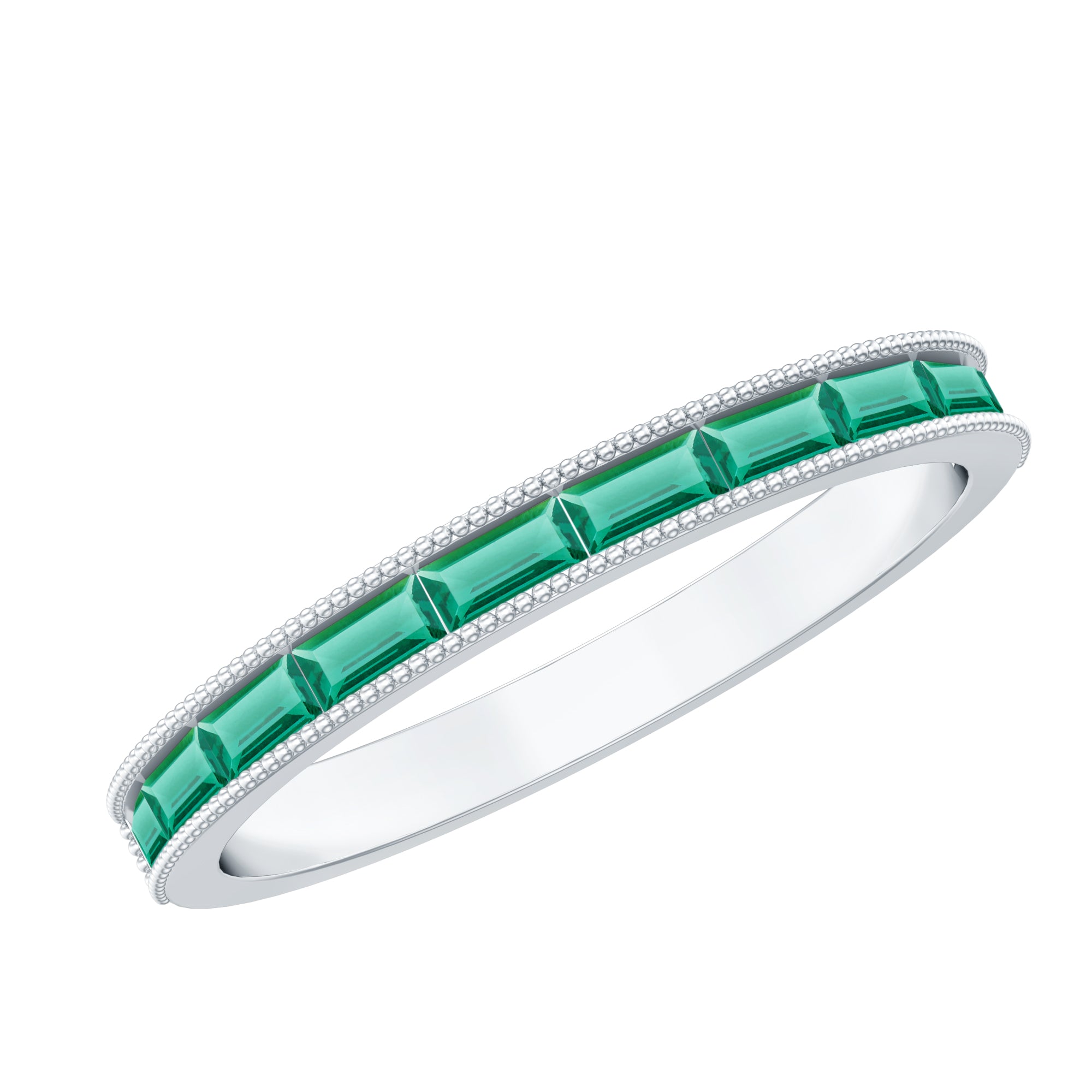 Baguette Cut Lab Grown Emerald Eternity Ring with Beaded Detailing