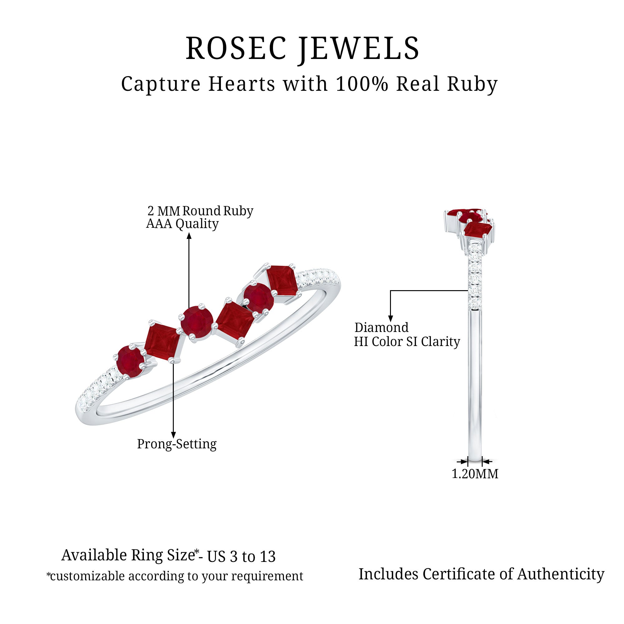 Rosec Jewels-Minimal Ruby Half Eternity Ring with Diamond
