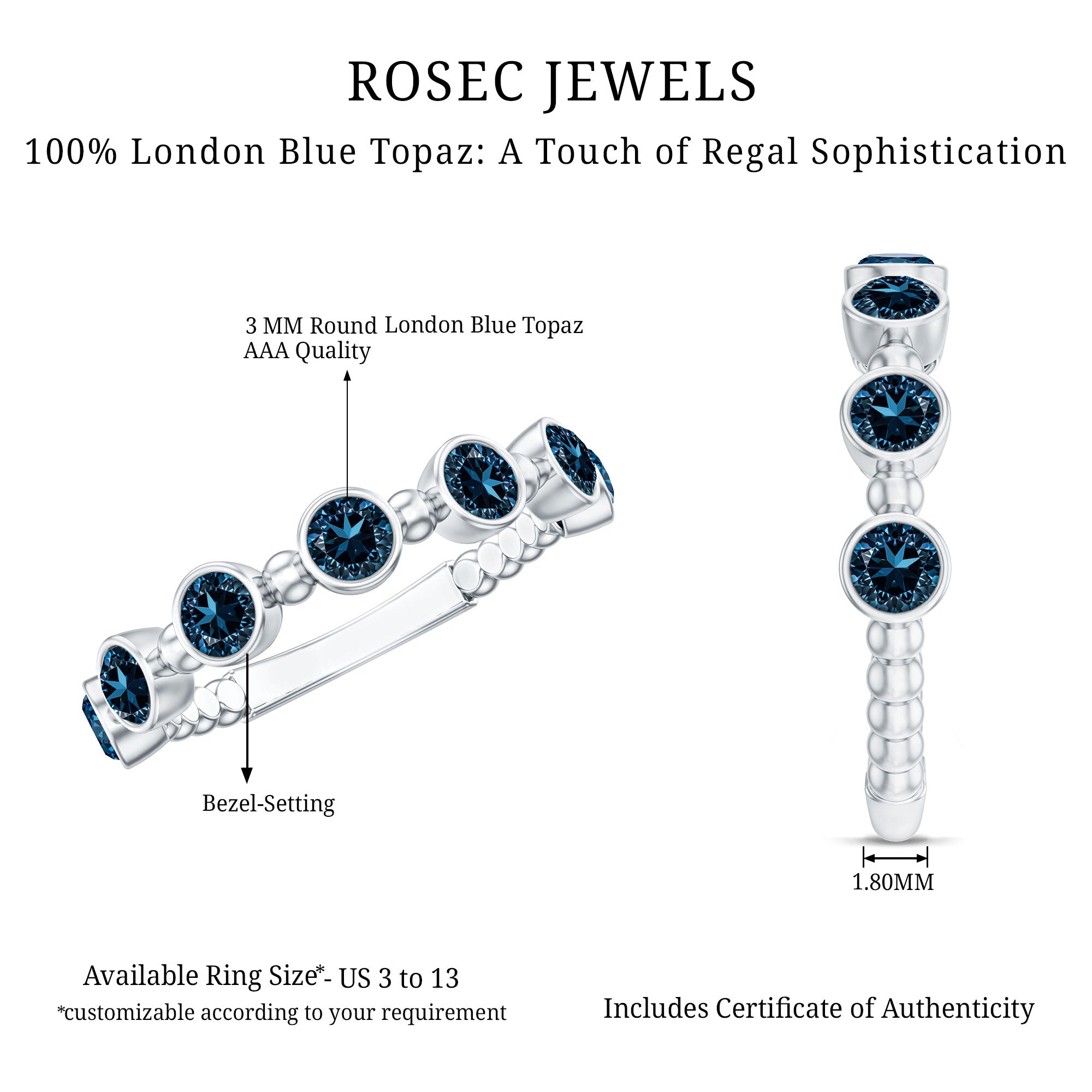 Bezel Set London Blue Topaz Semi Eternity Band AAA - Rosec Jewels