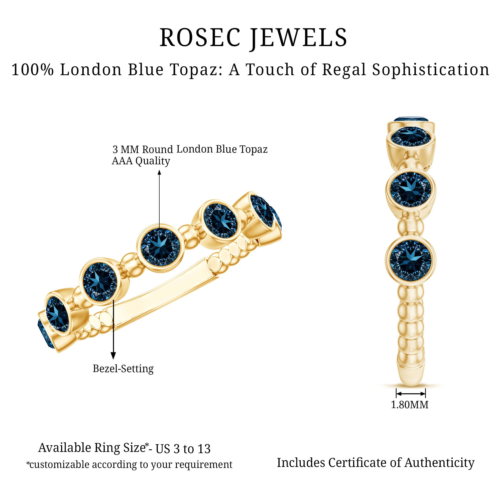 Bezel Set London Blue Topaz Semi Eternity Band AAA - Rosec Jewels