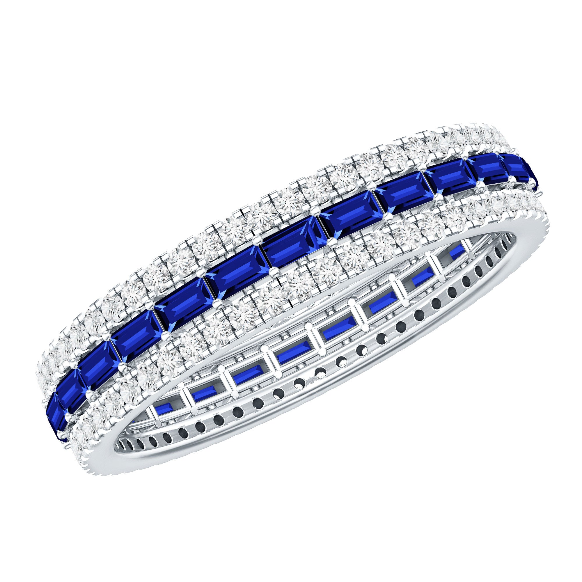 Lab Grown Blue Sapphire Eternity Wedding Band With Natural Diamond AAAA - Rosec Jewels