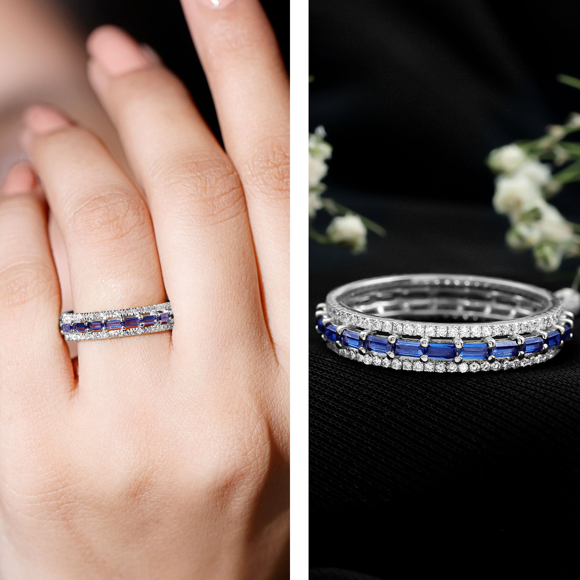 Lab Grown Blue Sapphire Eternity Wedding Band With Natural Diamond AAAA - Rosec Jewels