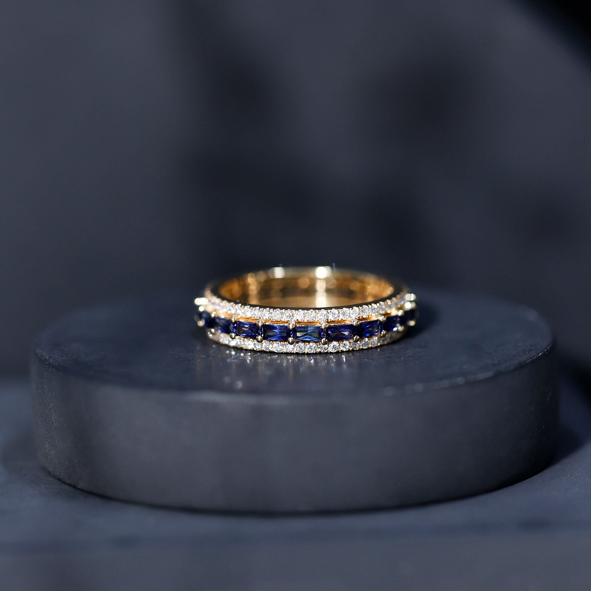 Lab Grown Blue Sapphire Eternity Wedding Band With Natural Diamond AAAA - Rosec Jewels