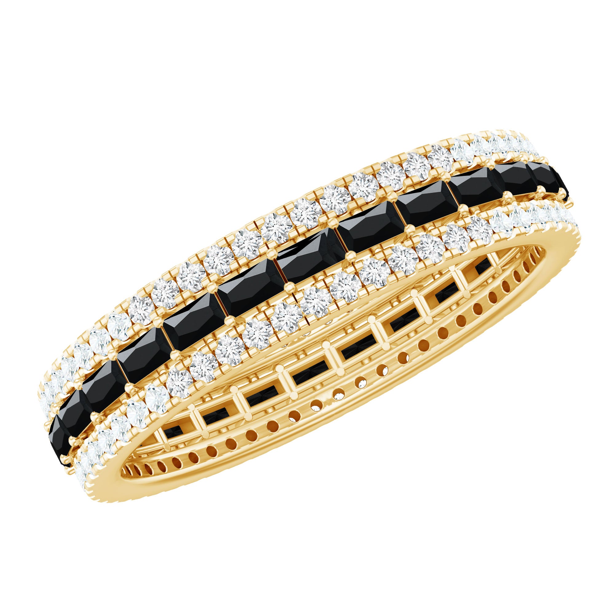 Certified Lab Grown Black Diamond 3 Row Wedding Band with Moissanite AAAA ( Synthetic ) - Rosec Jewels