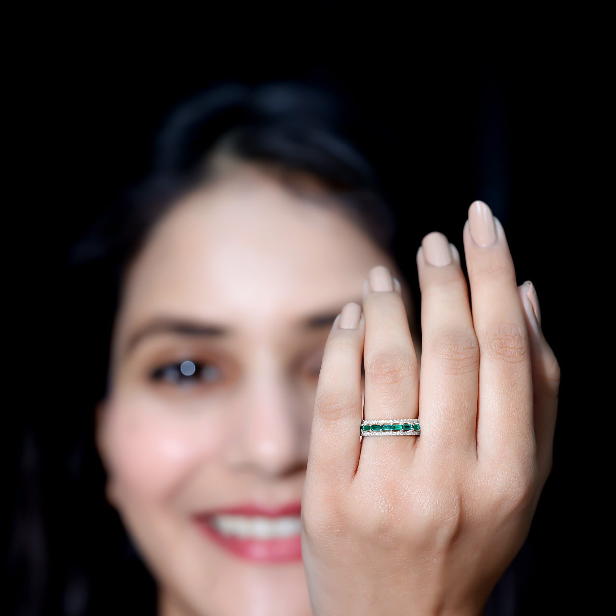 Baguette Cut Lab Grown Emerald and Moissanite Wedding Band AAAA - Rosec Jewels