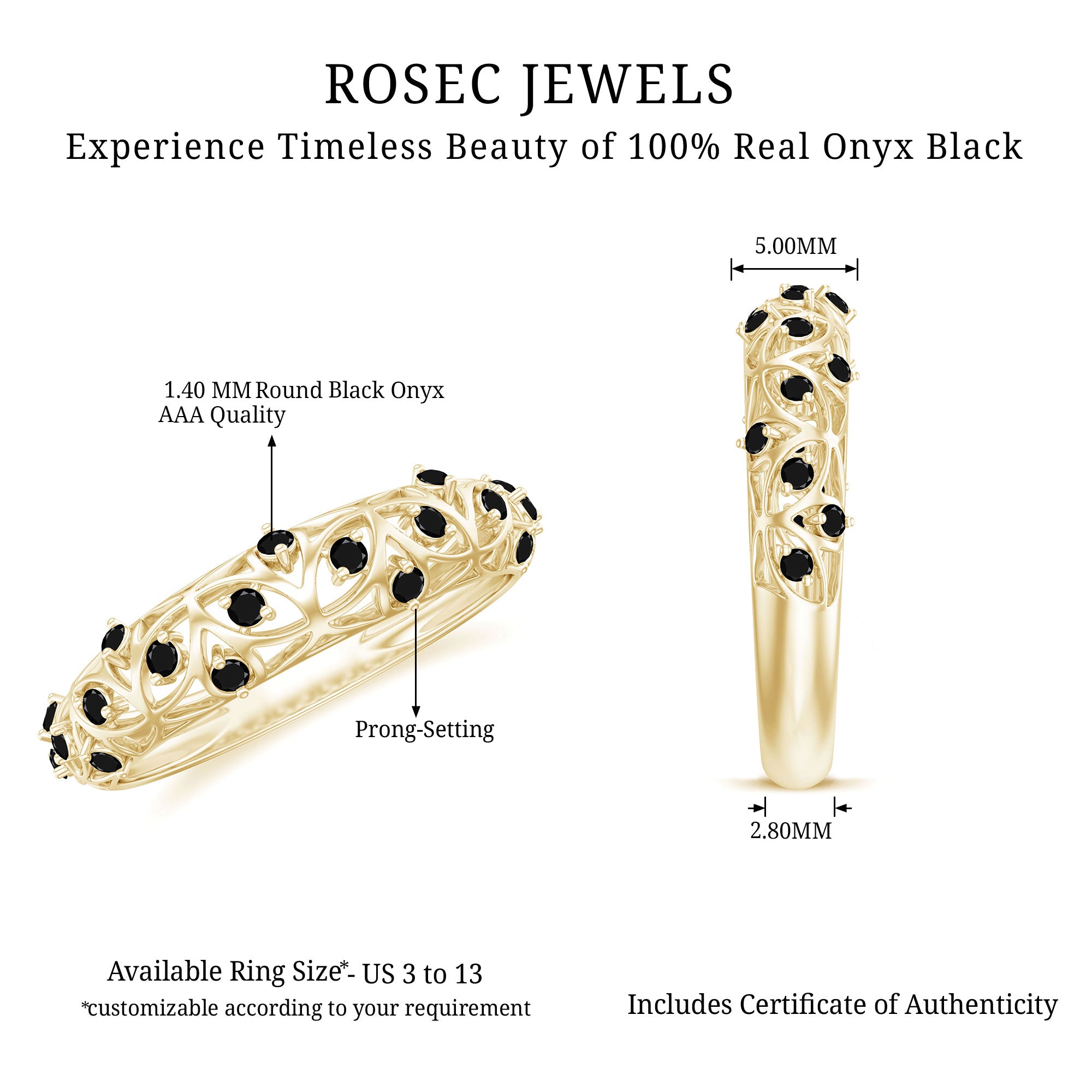 Rosec Jewels-Round Cut Certified Black Onyx Filigree Wedding Band