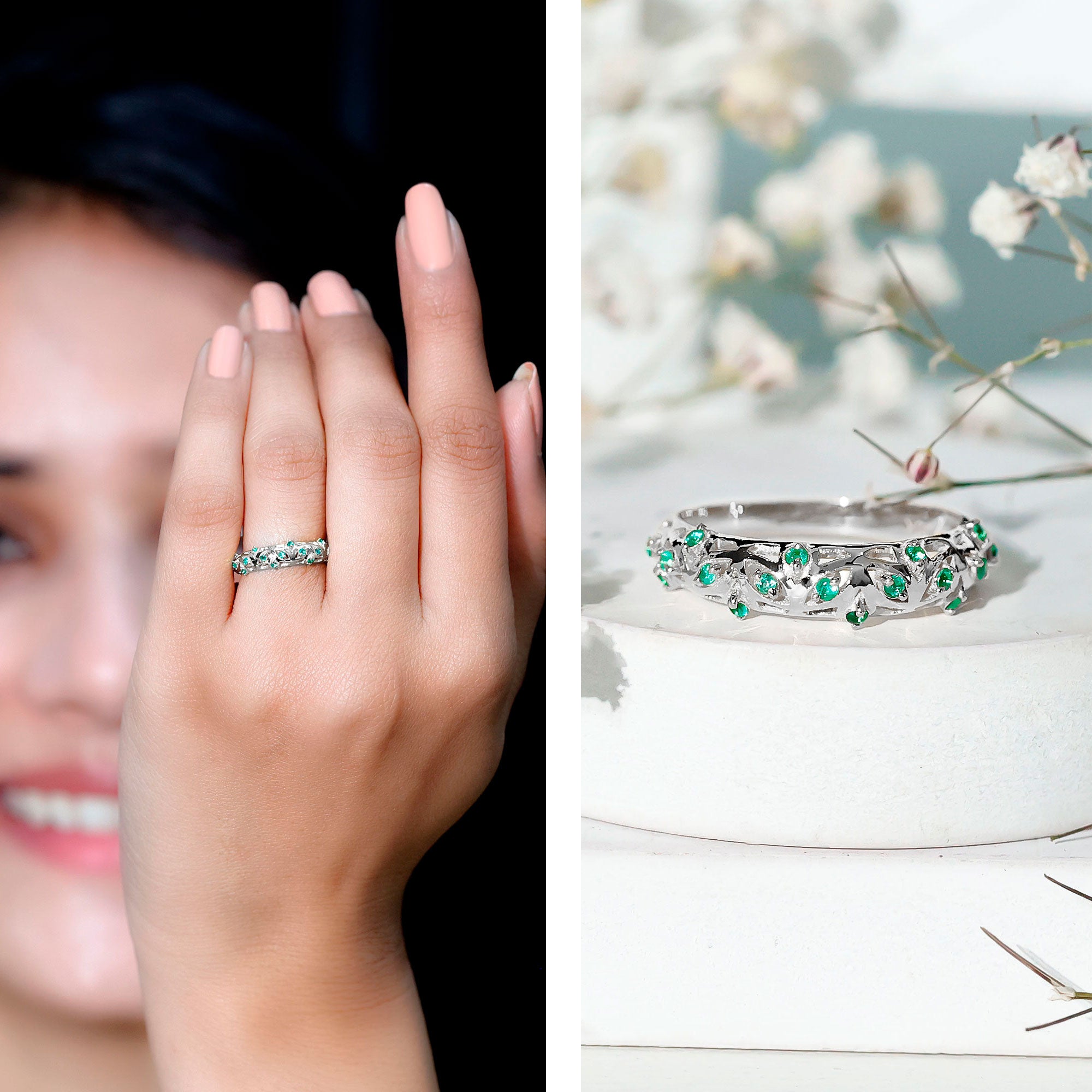 Rosec Jewels-Natural Emerald Filigree Wedding Band for Women