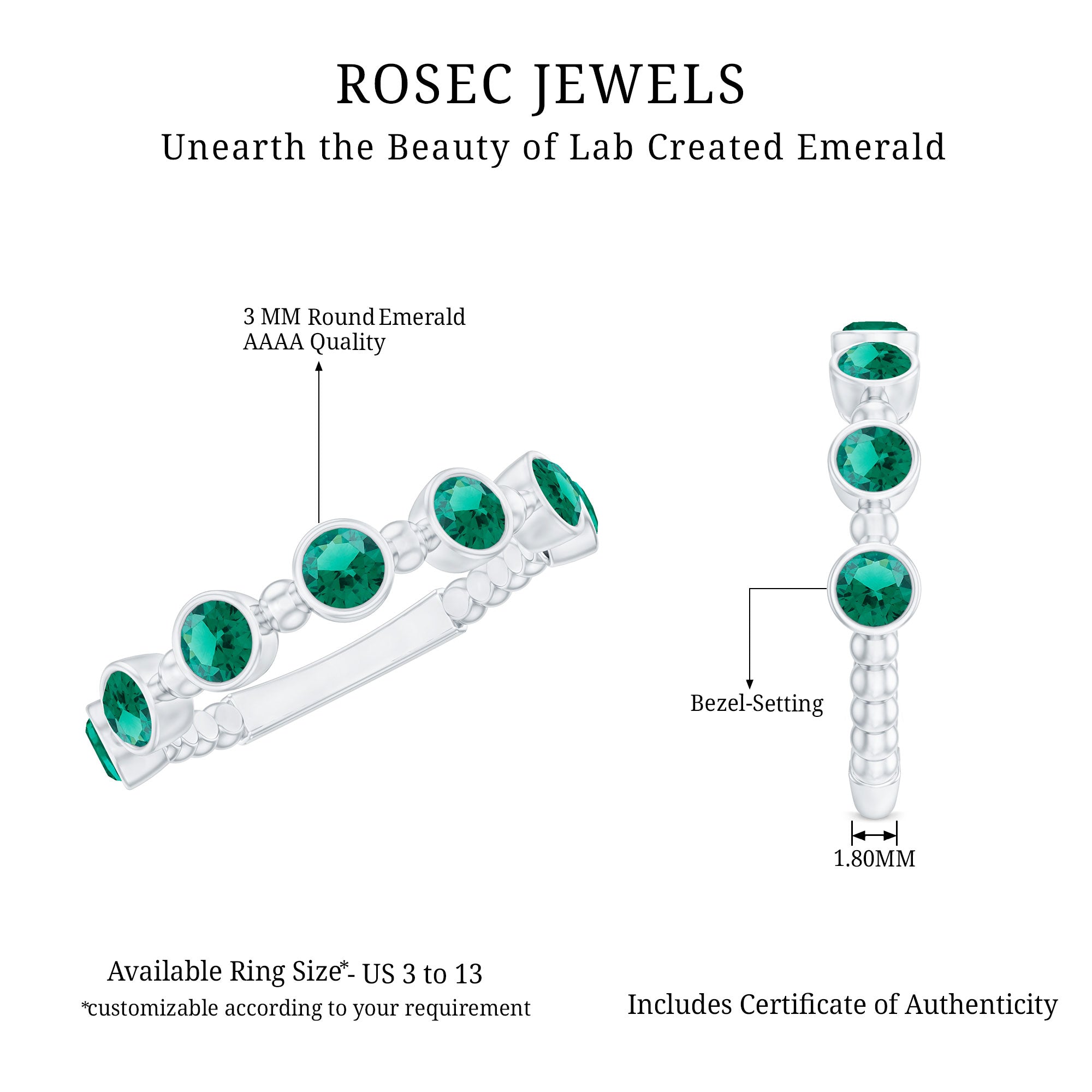 Bezel Set Lab Grown Emerald 7 Stone Half Eternity Ring with Certificate AAAA - Rosec Jewels