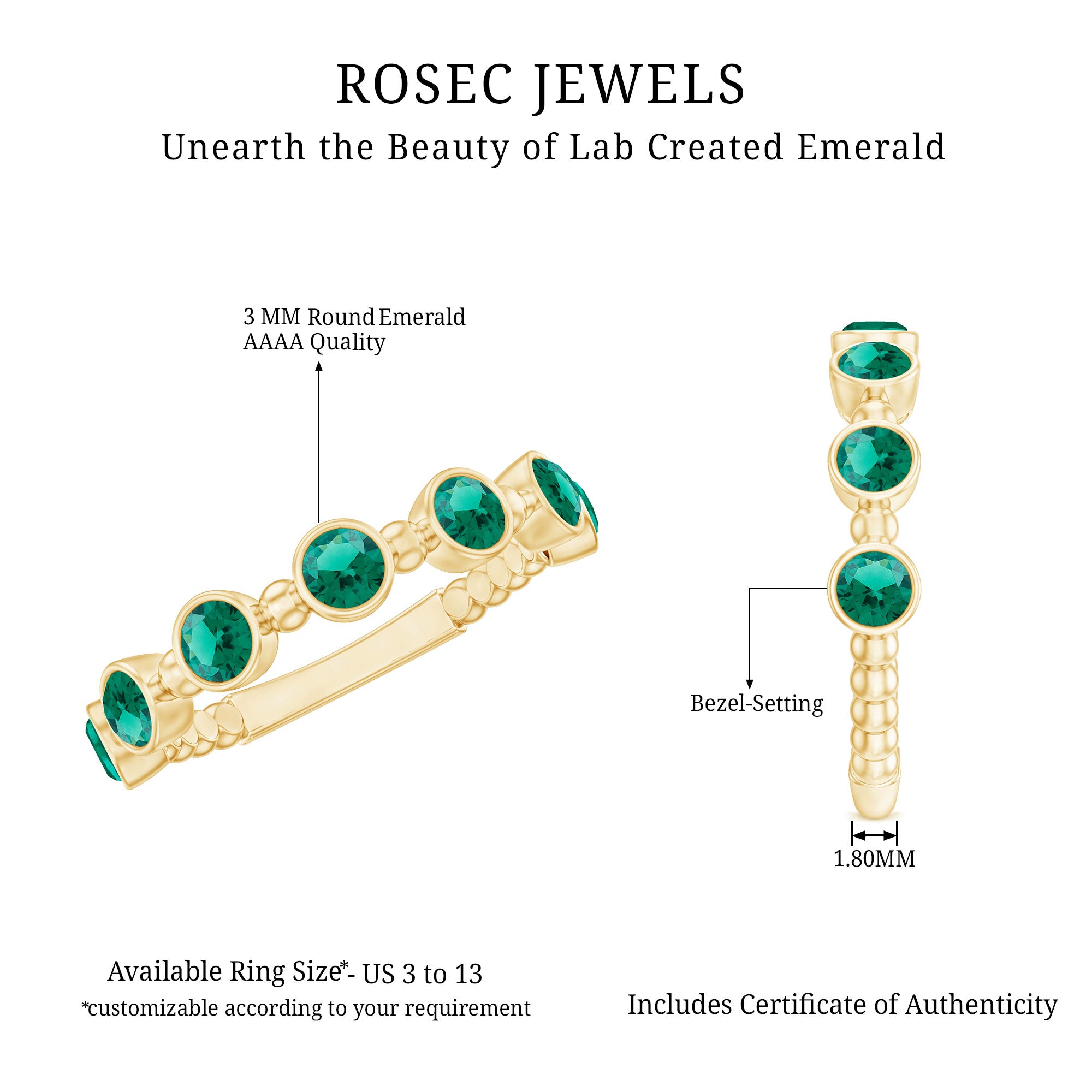 Bezel Set Lab Grown Emerald 7 Stone Half Eternity Ring with Certificate AAAA - Rosec Jewels