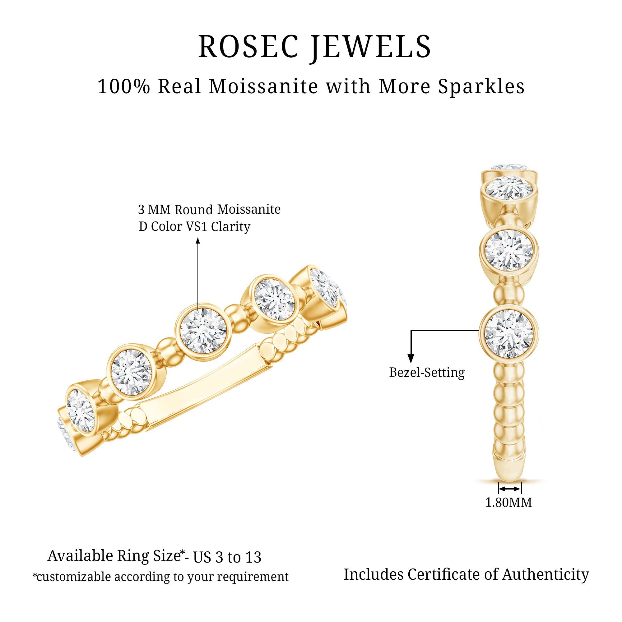 Bezel Set Moissanite Stackable Anniversary Band Ring D-VS1 - Rosec Jewels