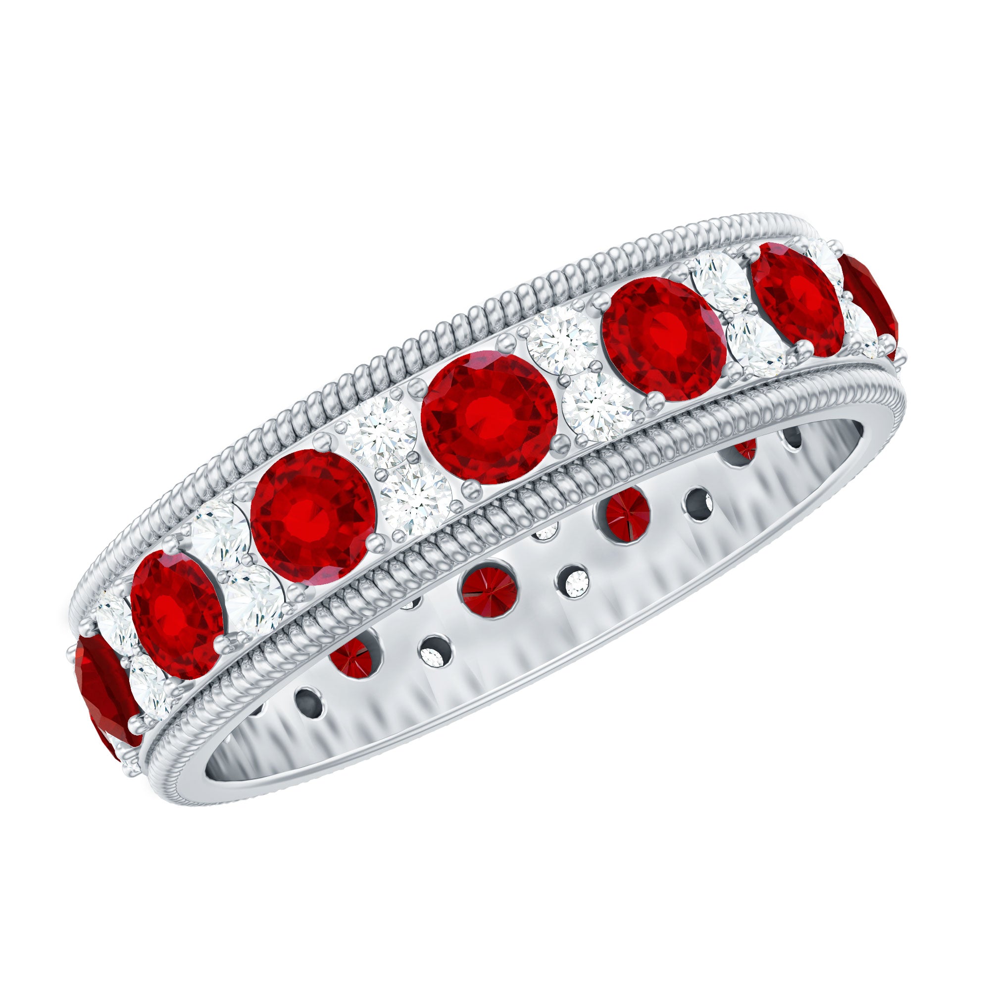 Round Cut Created Ruby and Moissanite Wedding Band with Twisted Rope Details