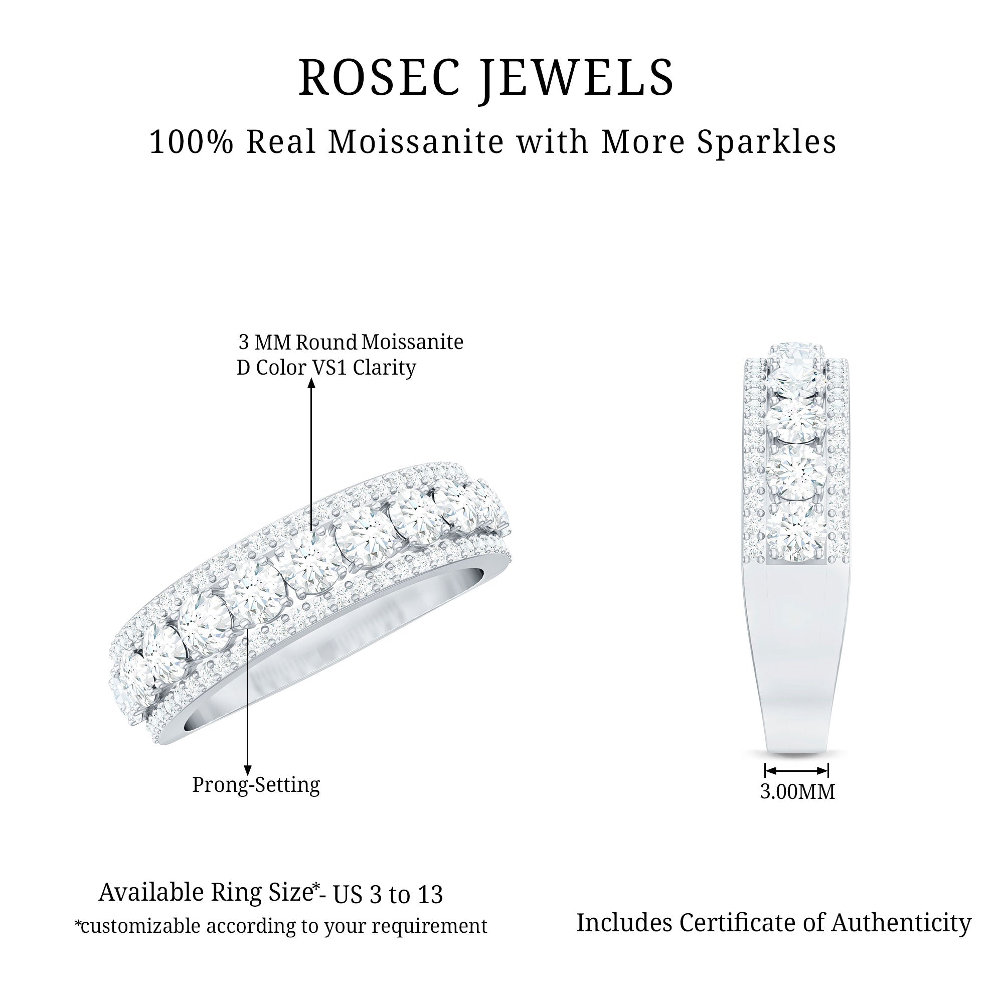 Certified Moissanite Wedding Anniversary Band Ring for Women D-VS1 - Rosec Jewels