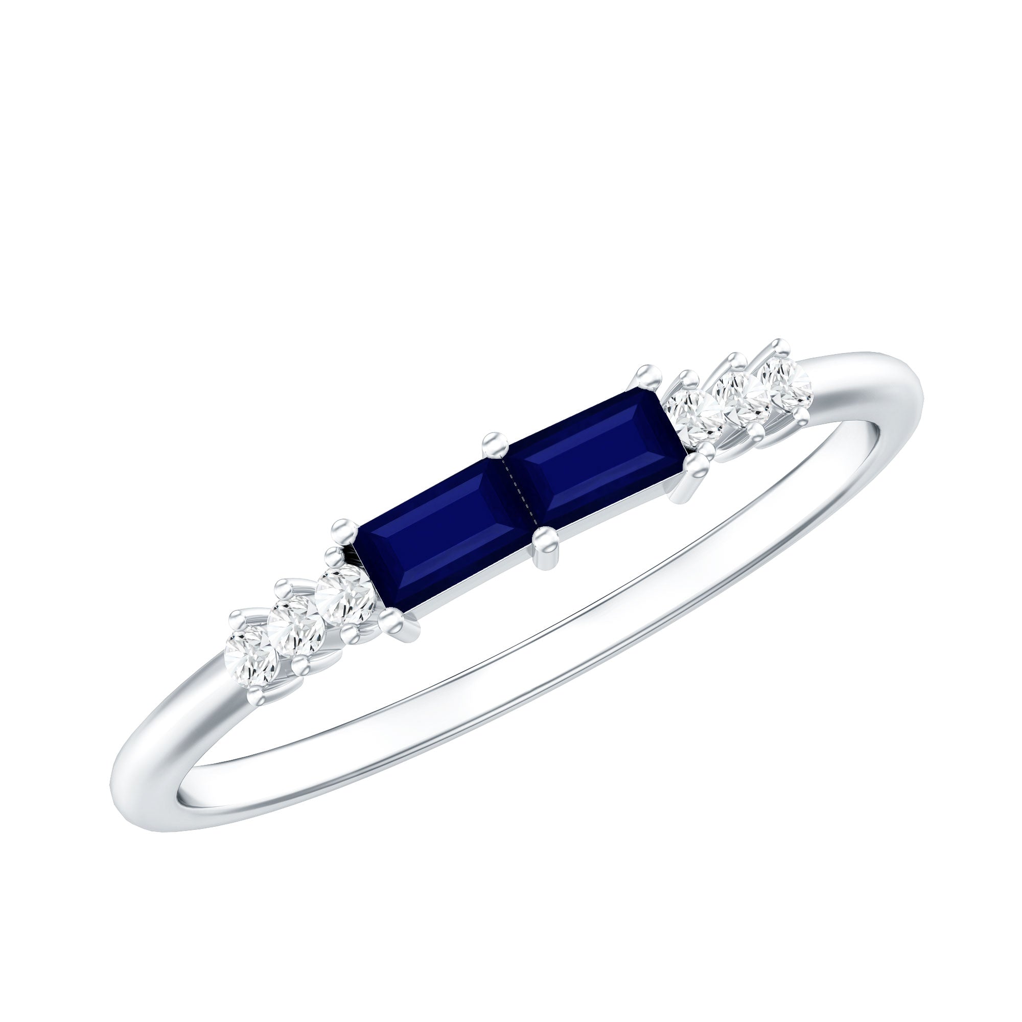Natural Baguette Shape Blue Sapphire Promise Ring with Diamond AAA - Rosec Jewels