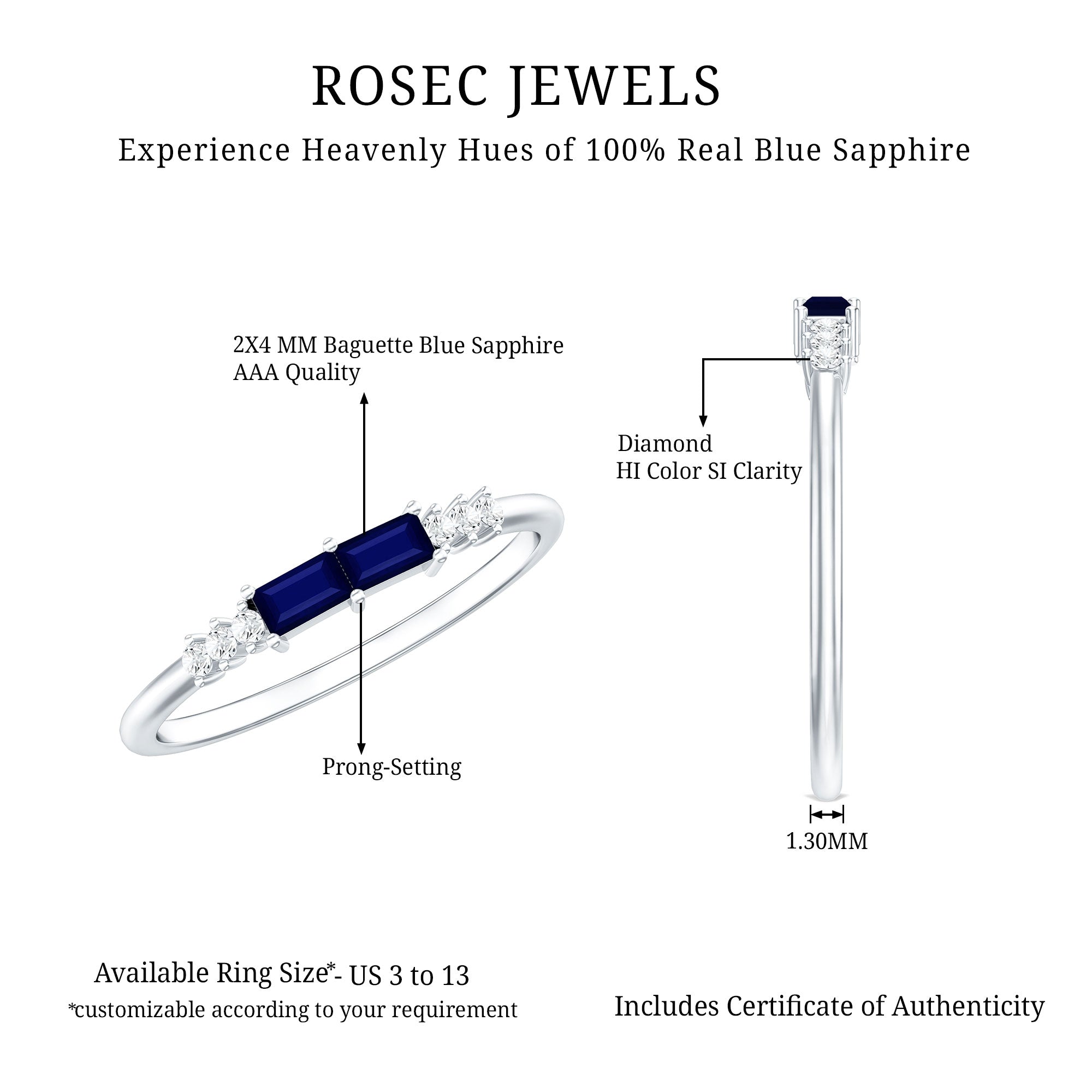 Natural Baguette Shape Blue Sapphire Promise Ring with Diamond AAA - Rosec Jewels