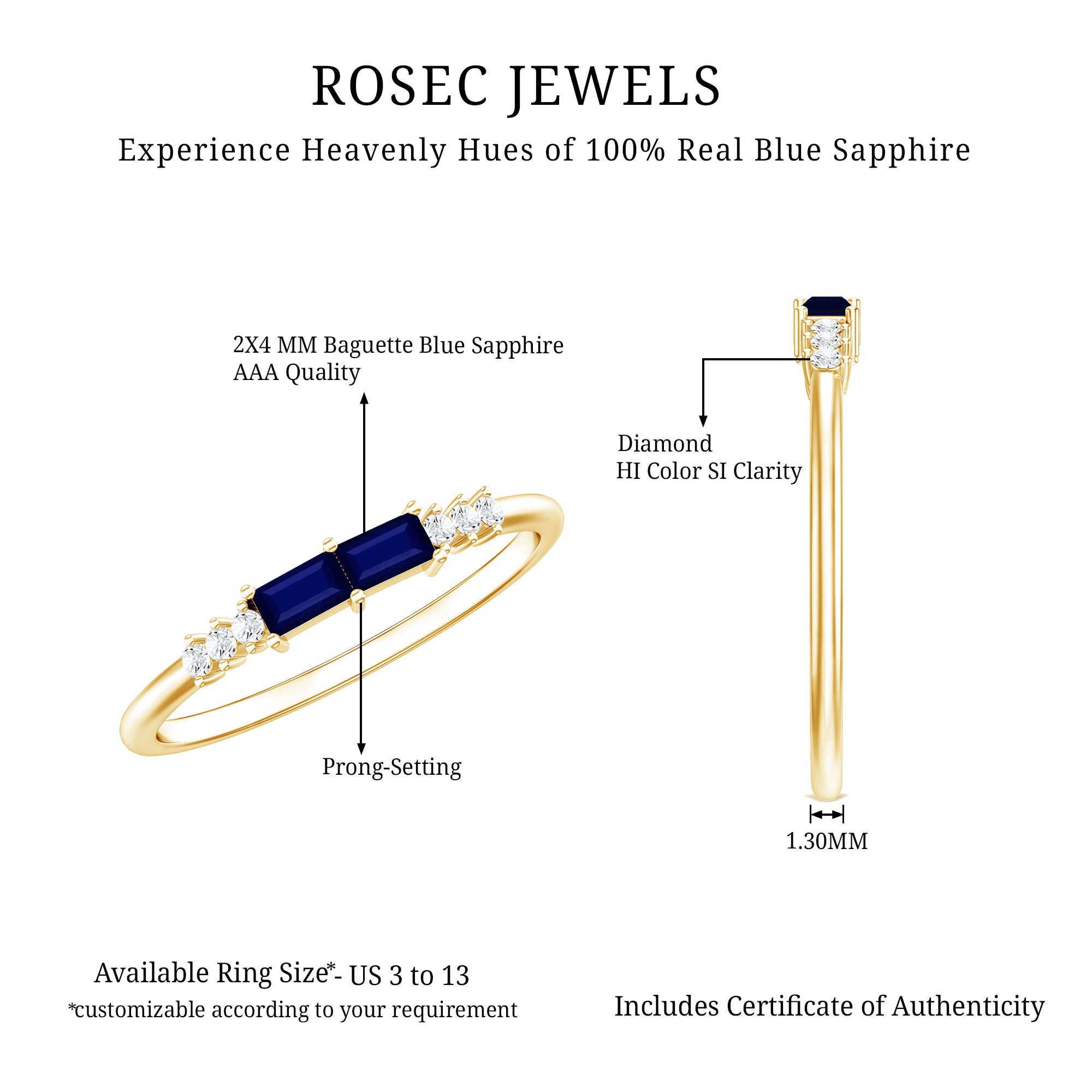Natural Baguette Shape Blue Sapphire Promise Ring with Diamond AAA - Rosec Jewels