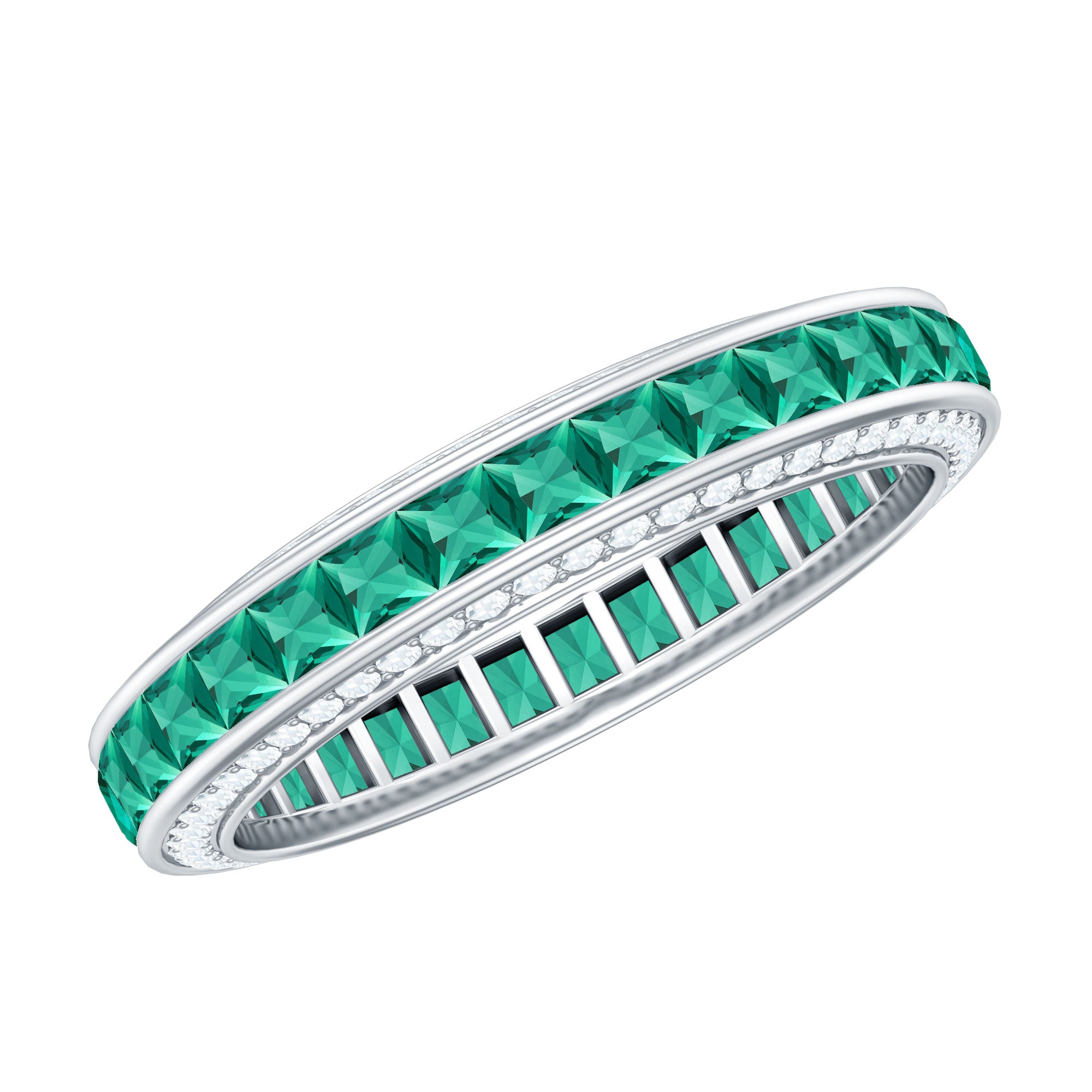 Certified Princess Cut Lab Grown Emerald Eternity Wedding Band in Channel Setting