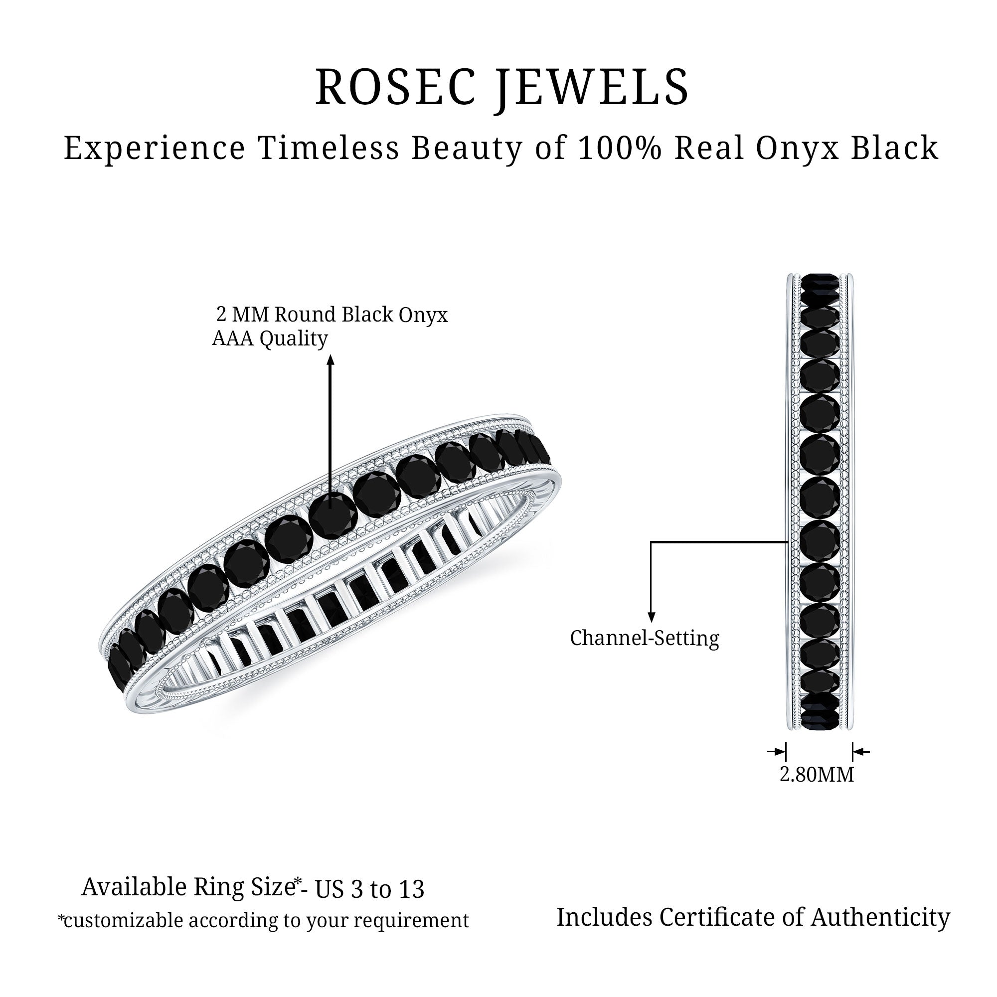 Black Onyx Wedding Band with Milgrain Detailing AAA - Rosec Jewels