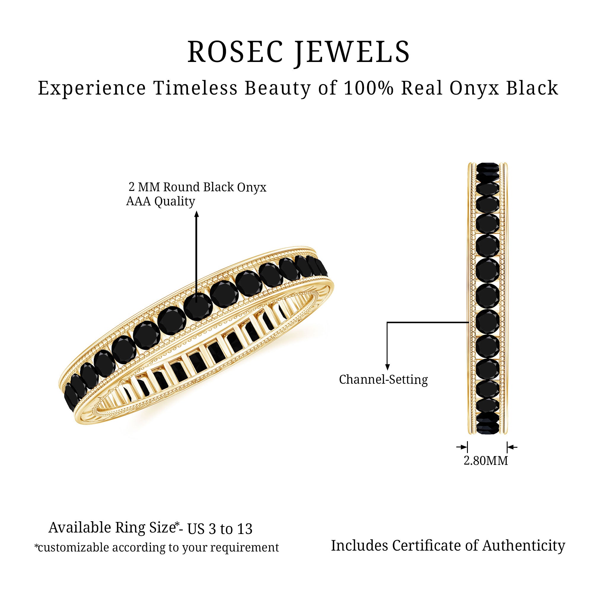 Black Onyx Wedding Band with Milgrain Detailing AAA - Rosec Jewels