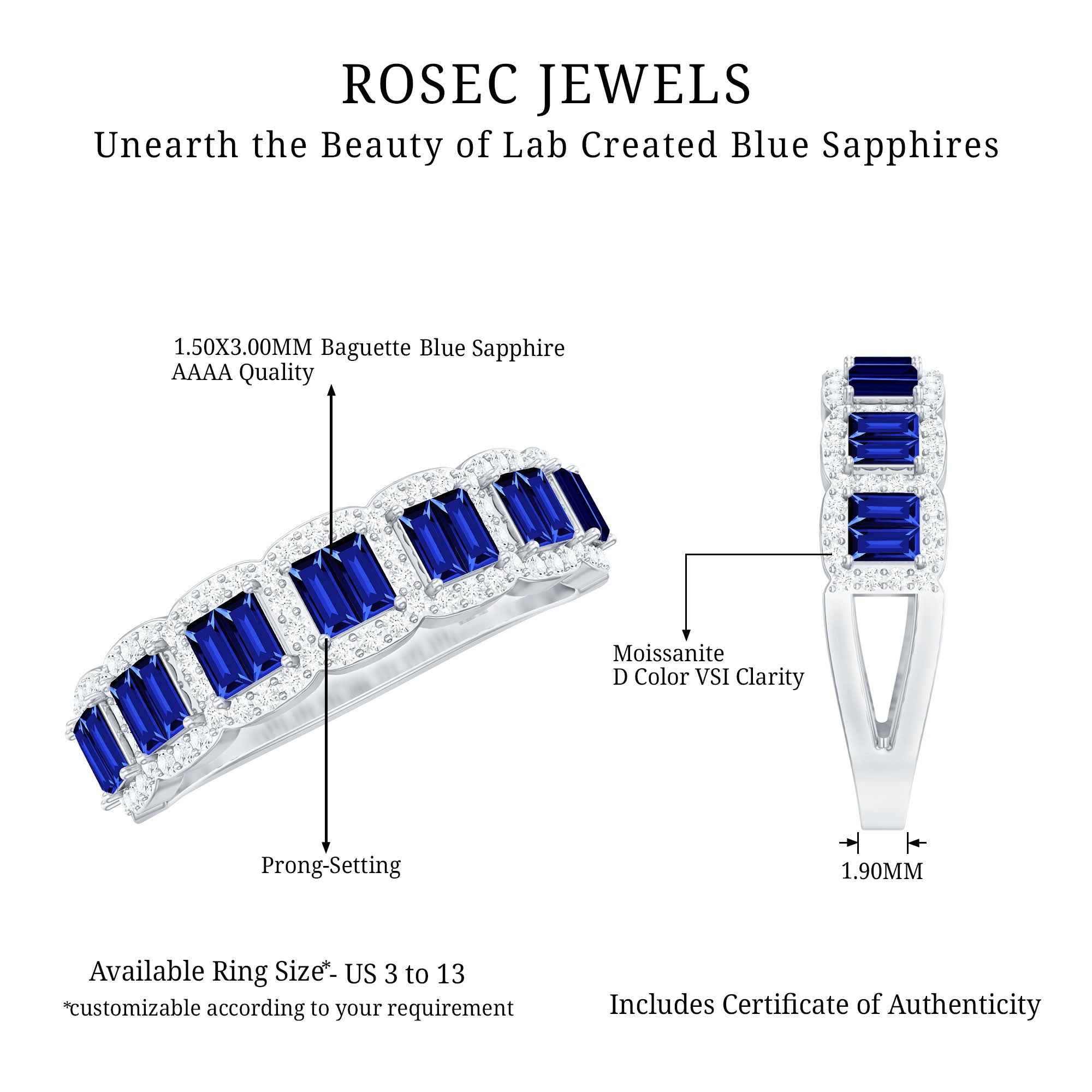 Certified Lab Grown Blue Sapphire Eternity Wedding Band with Diamond AAAA - Rosec Jewels