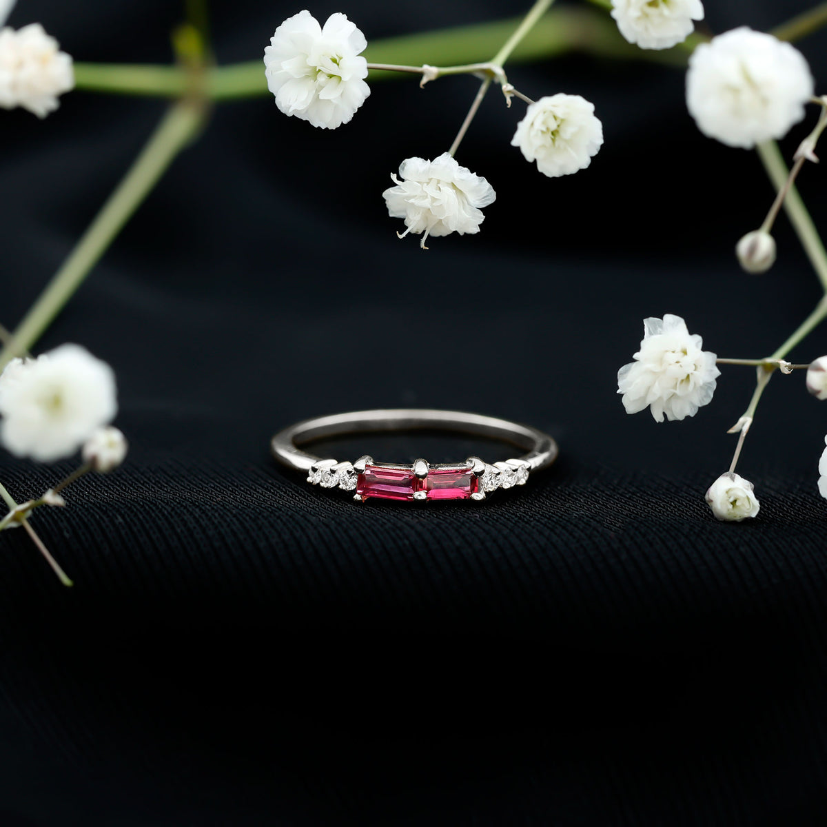 Natural Baguette Ruby 2 Stone Promise Ring with Diamond AAA - Rosec Jewels