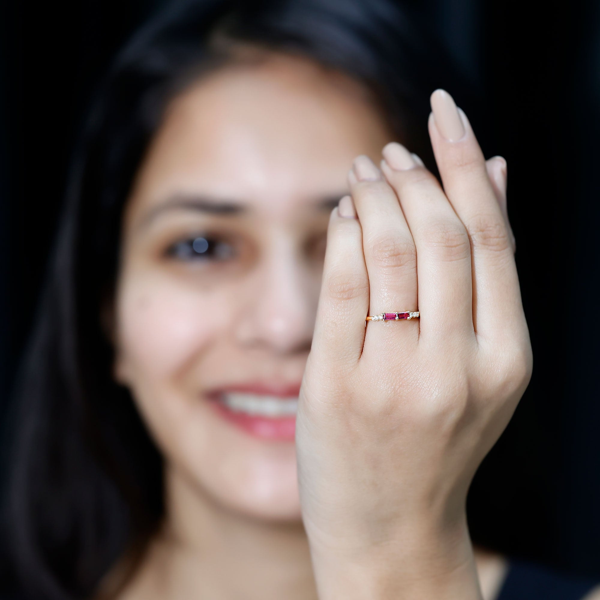 Natural Baguette Ruby 2 Stone Promise Ring with Diamond AAA - Rosec Jewels