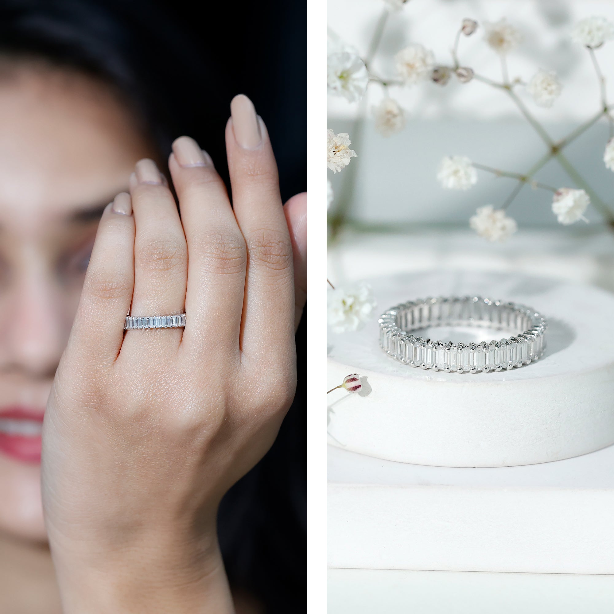 Baguette Cut Moissanite Eternity Ring in Shared Prong Setting D-VS1 - Rosec Jewels