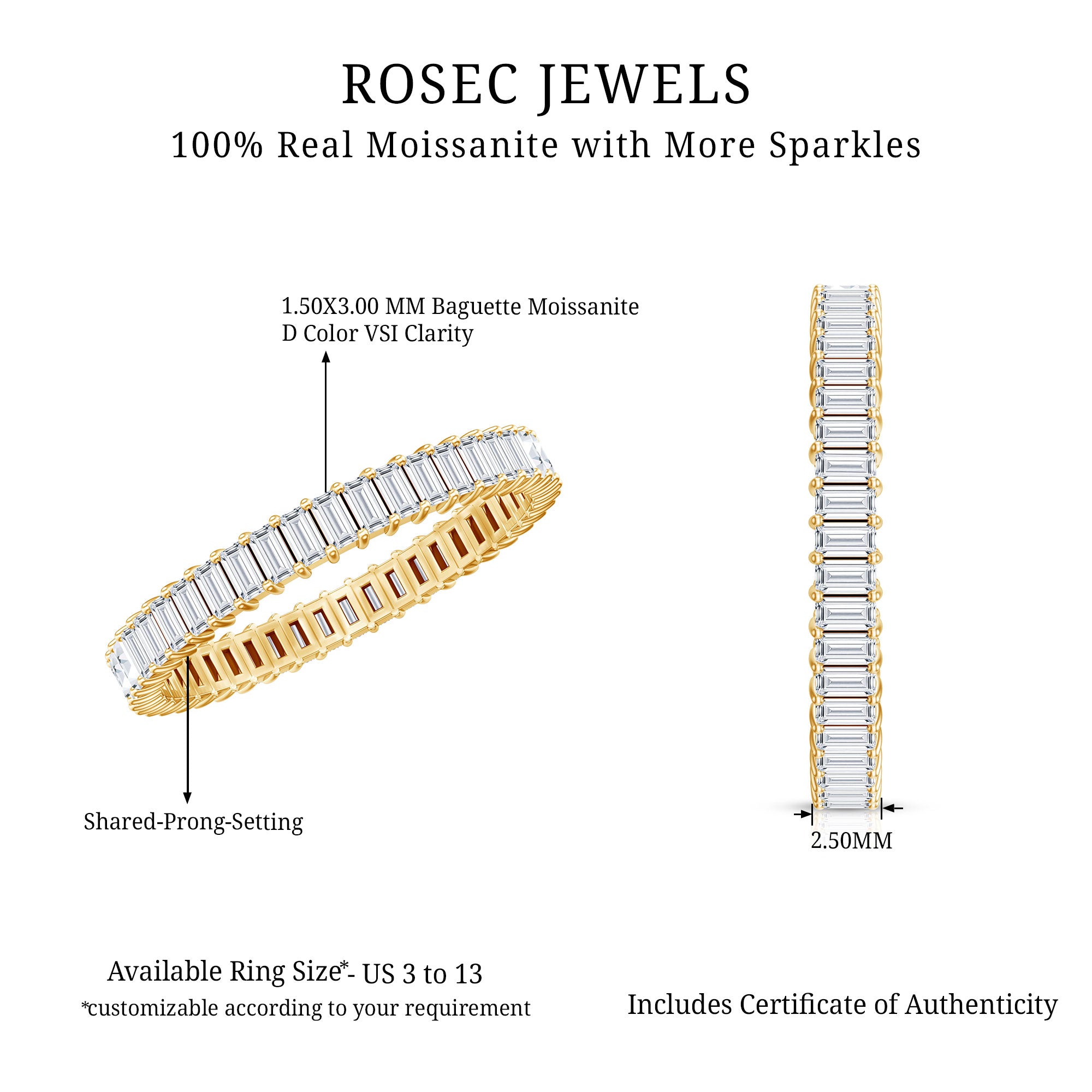 Baguette Cut Moissanite Eternity Ring in Shared Prong Setting D-VS1 - Rosec Jewels