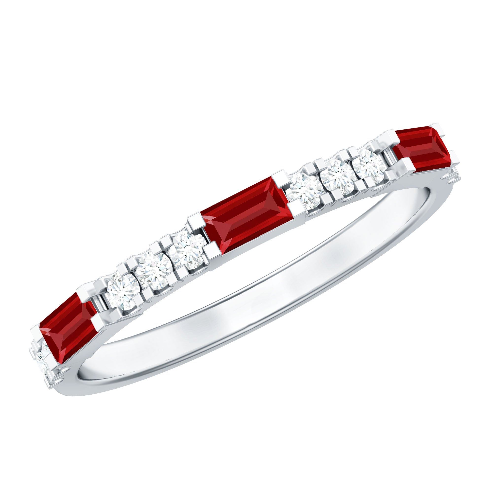 3/4 CT Baguette Cut Lab Grown Ruby Stackable Ring with Diamond