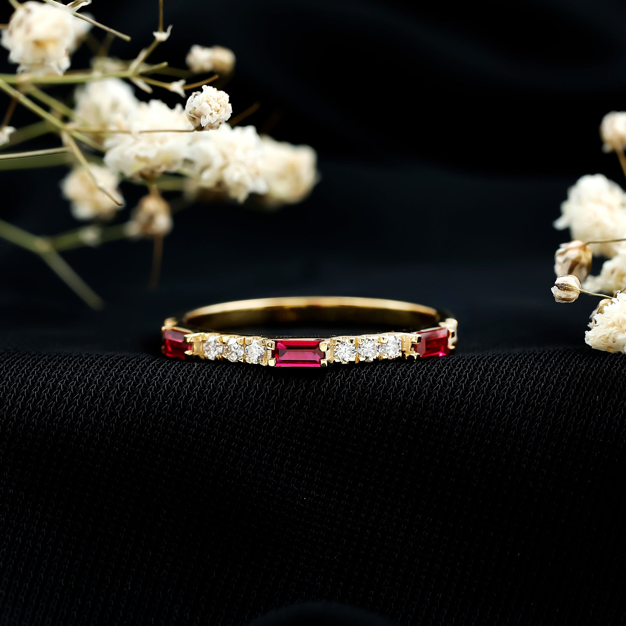 Rosec Jewels-3/4 CT Baguette Cut Lab Grown Ruby Stackable Ring with Diamond
