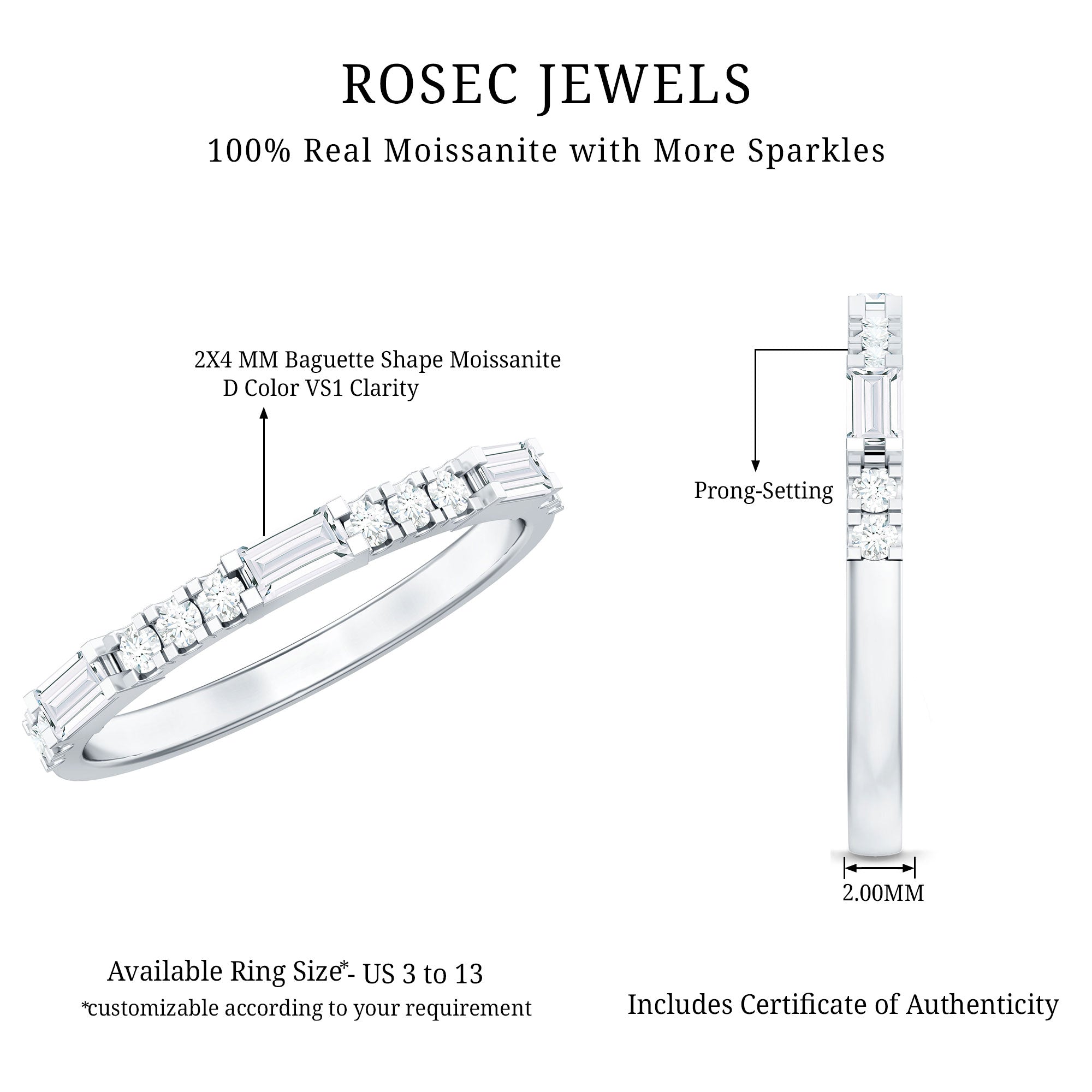 Baguette Moissanite Minimalist Stackable Eternity Ring D-VS1 - Rosec Jewels
