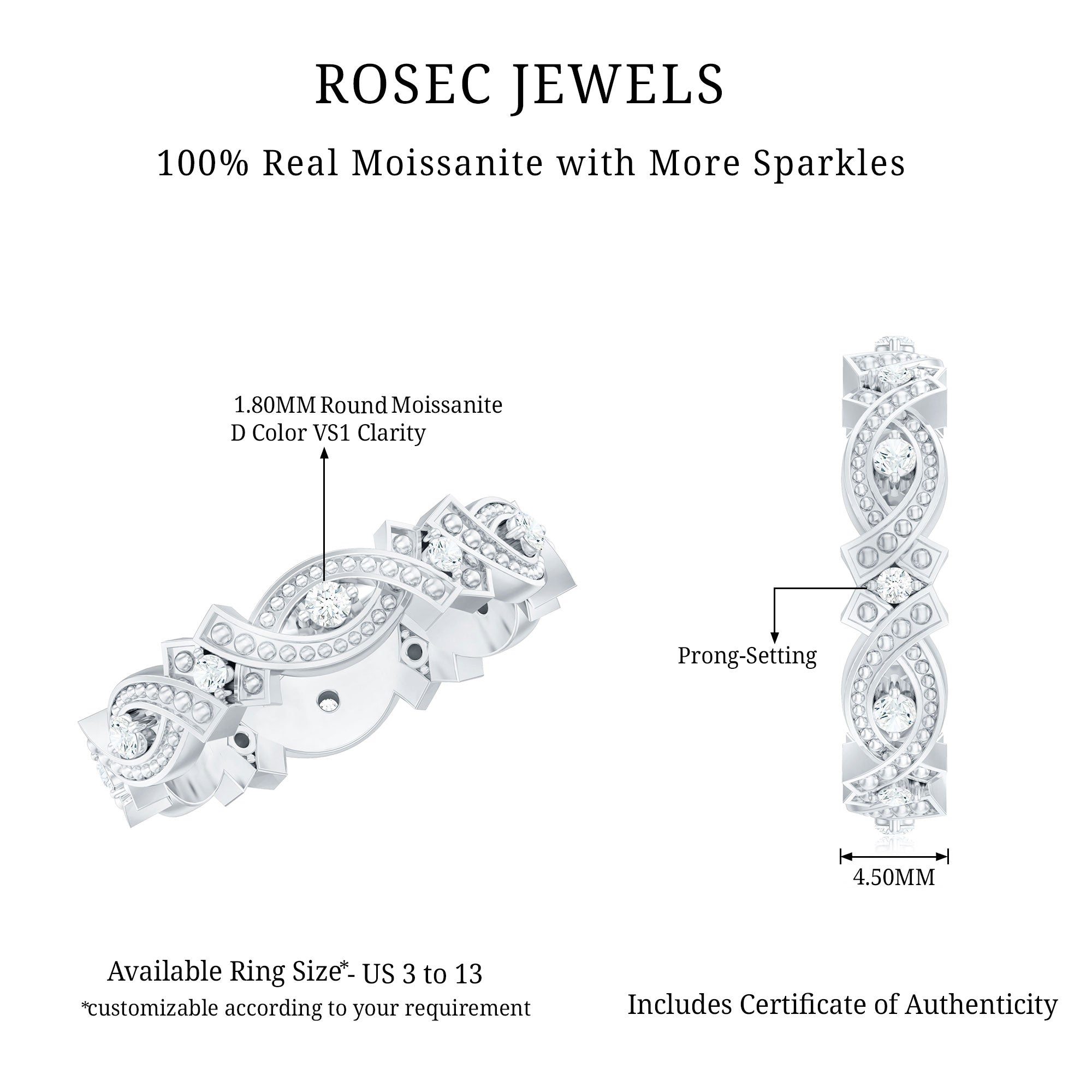 Vintage Inspired Moissanite Beaded Wedding Band D-VS1 - Rosec Jewels