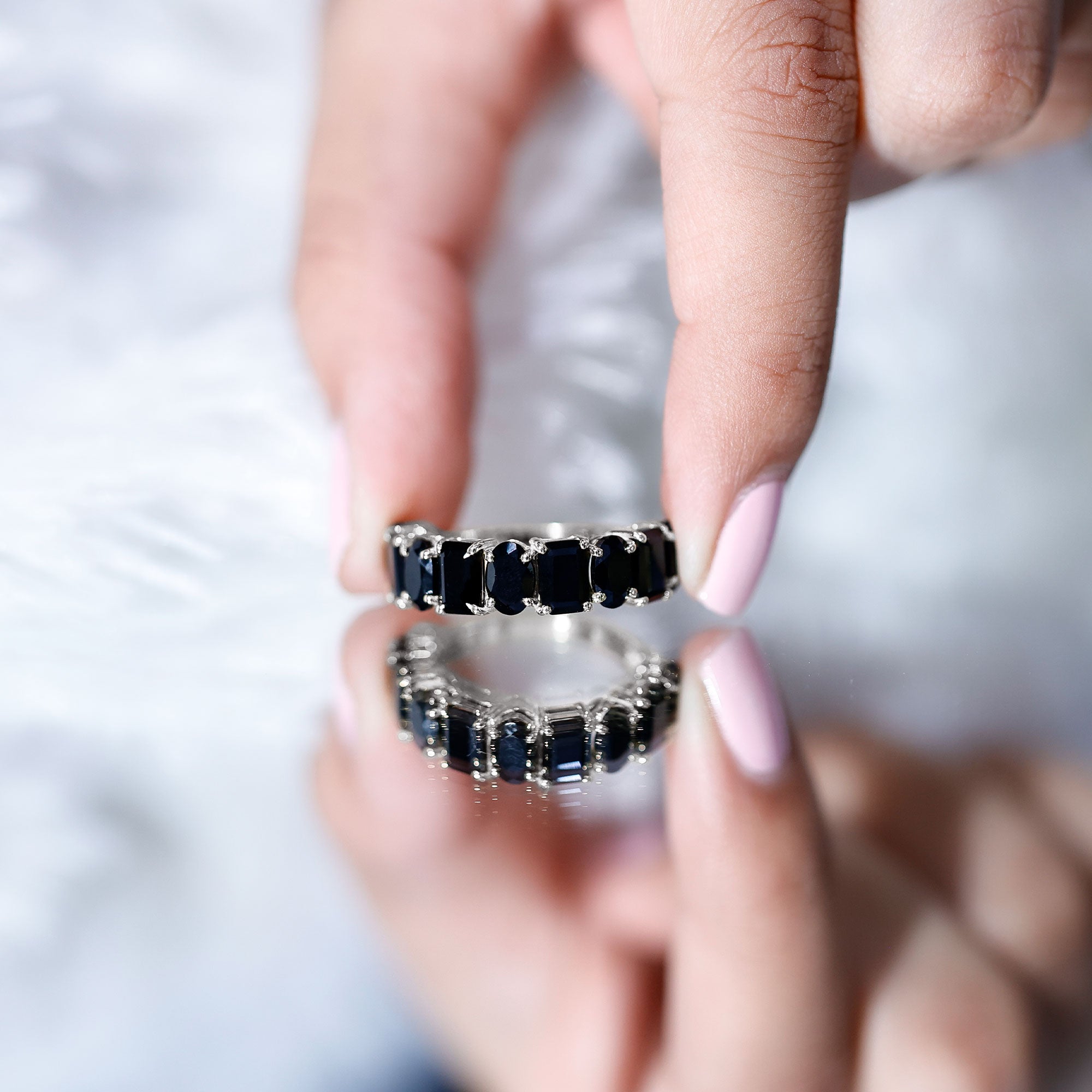 Oval and Emerald Cut Black Onyx Half Eternity Wedding Band AAA - Rosec Jewels