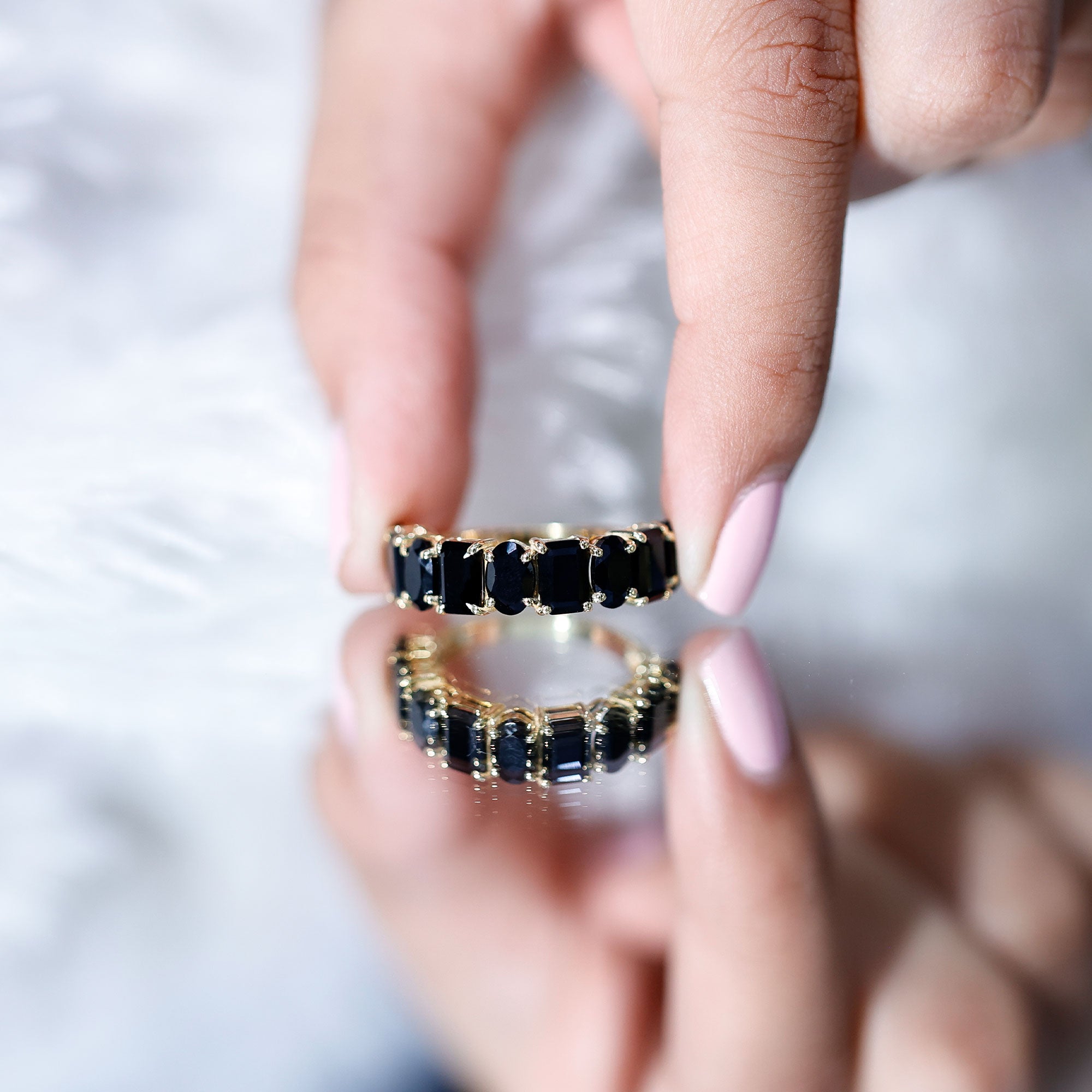 Oval and Emerald Cut Black Onyx Half Eternity Wedding Band AAA - Rosec Jewels