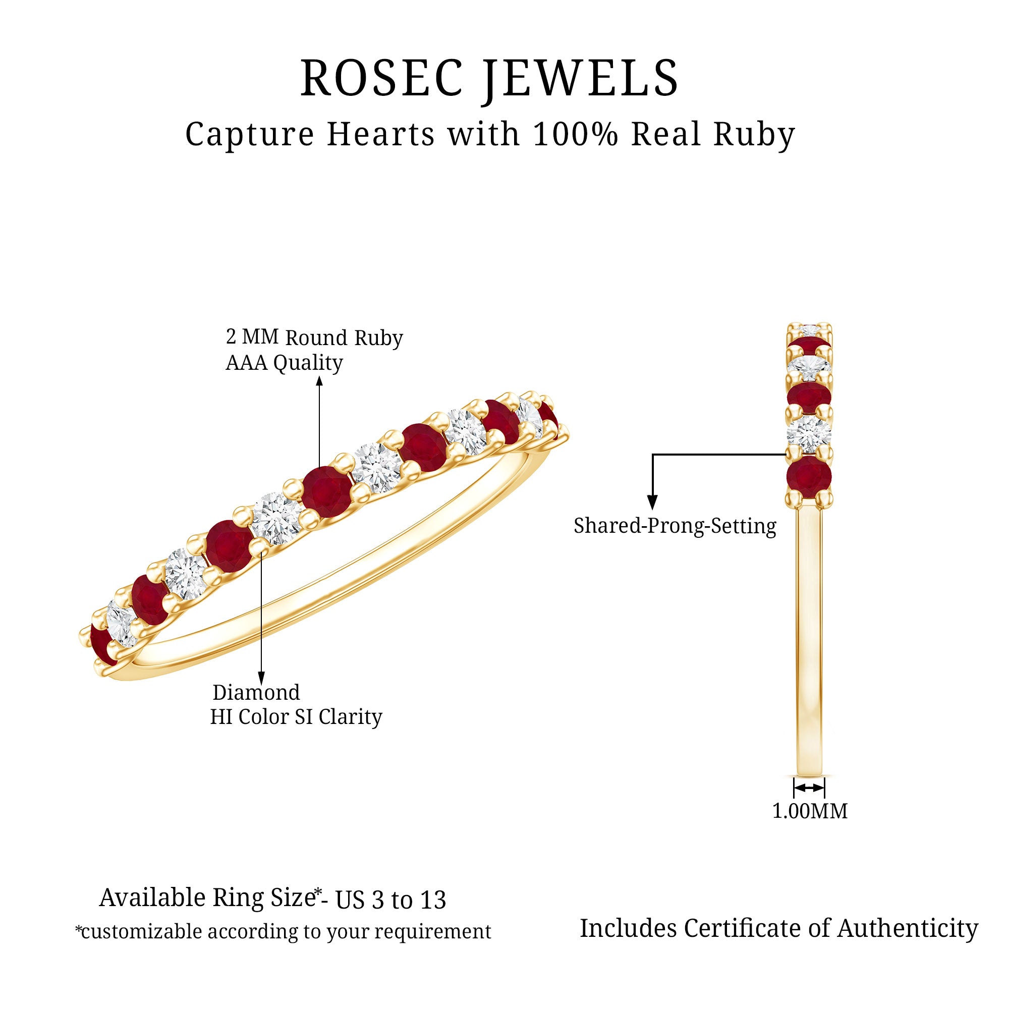 Natural Ruby Diamond Stackable Eternity Ring AAA - Rosec Jewels