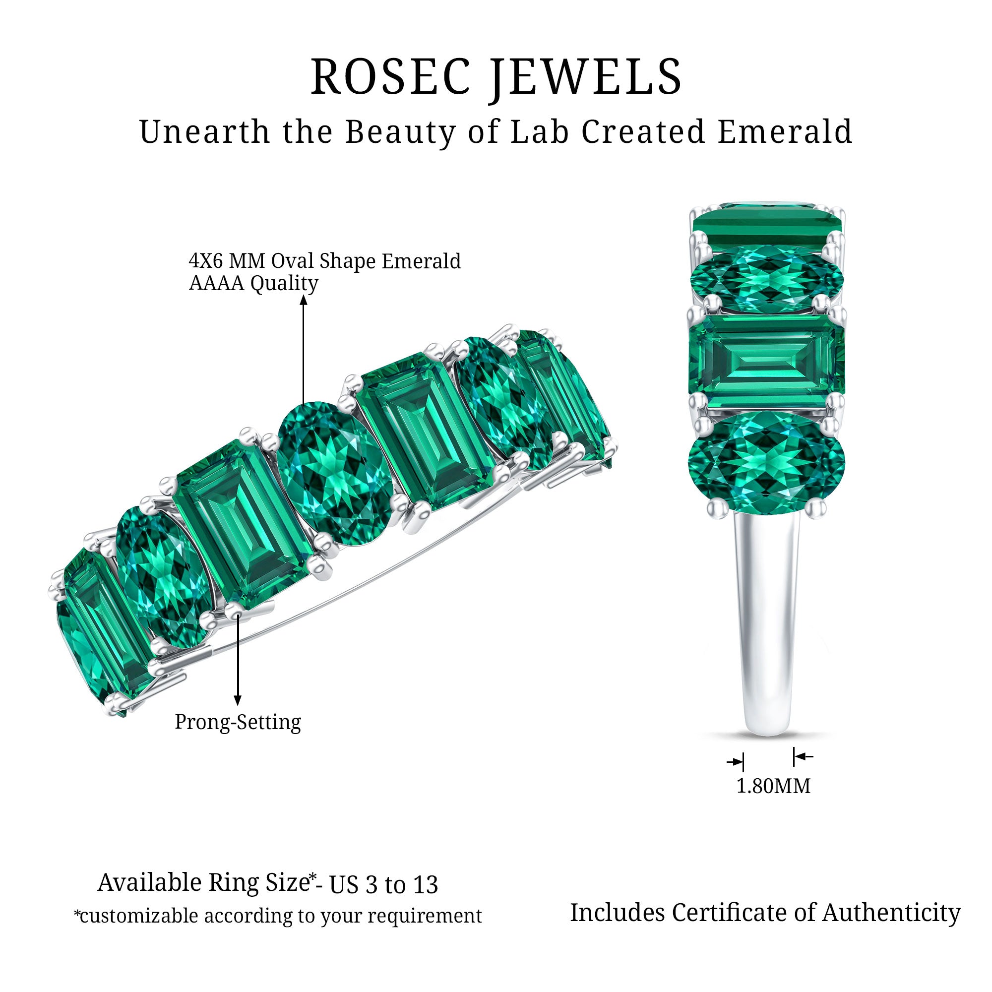 Certified Lab Grown Emerald Wedding Anniversary Band AAAA - Rosec Jewels