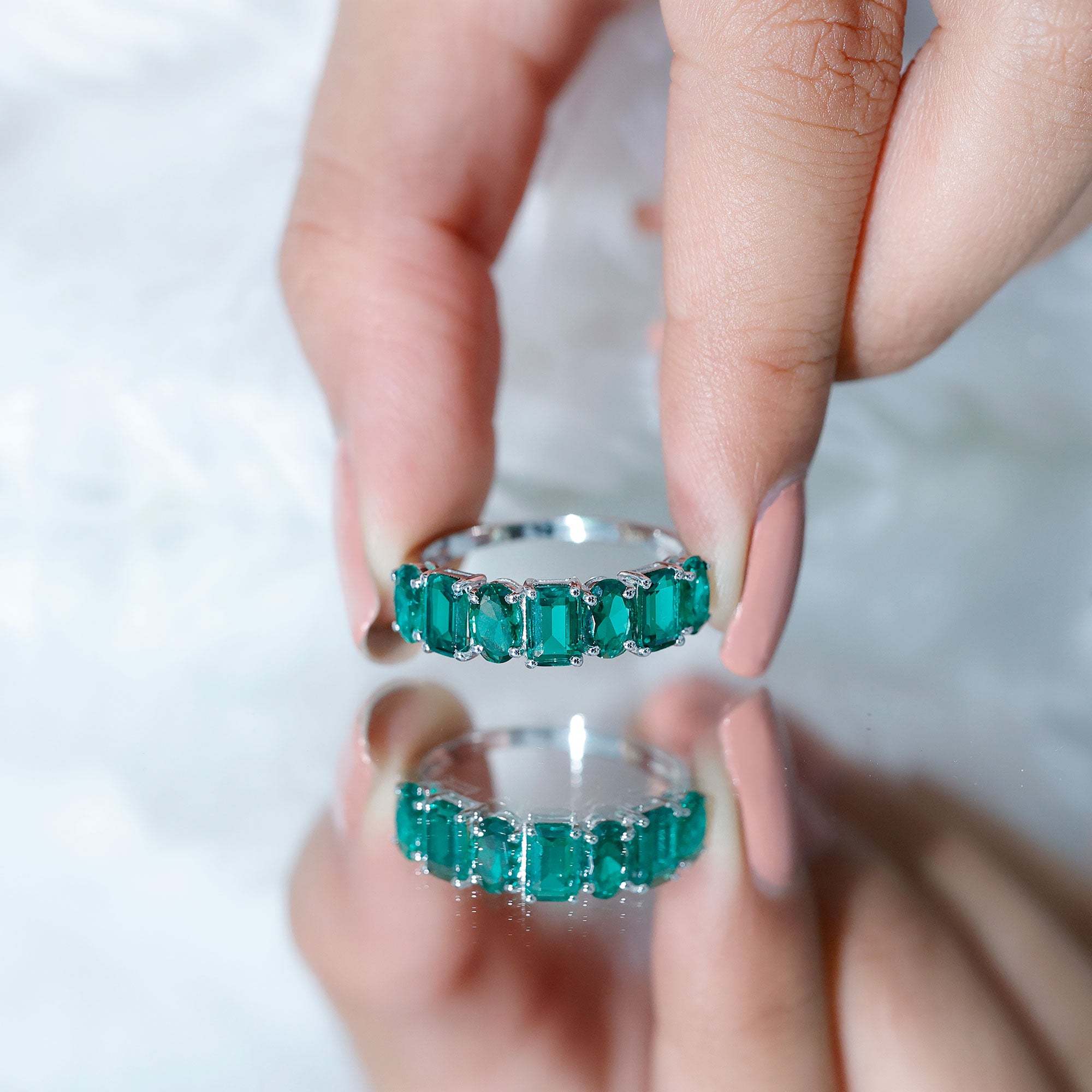 Certified Lab Grown Emerald Wedding Anniversary Band AAAA - Rosec Jewels