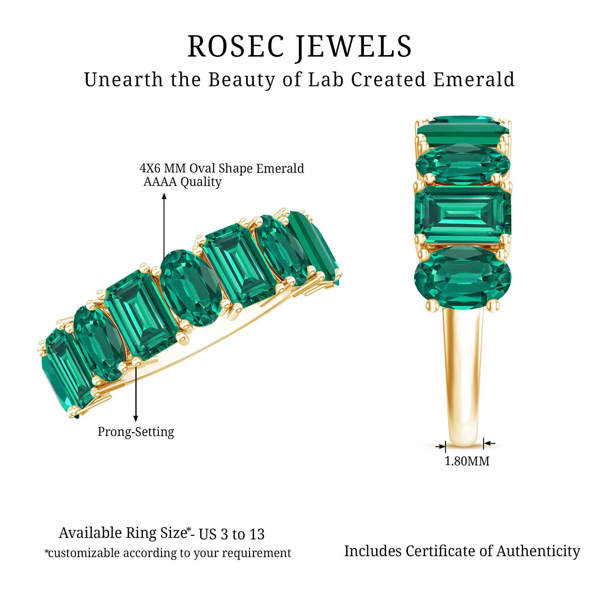 Certified Lab Grown Emerald Wedding Anniversary Band AAAA - Rosec Jewels