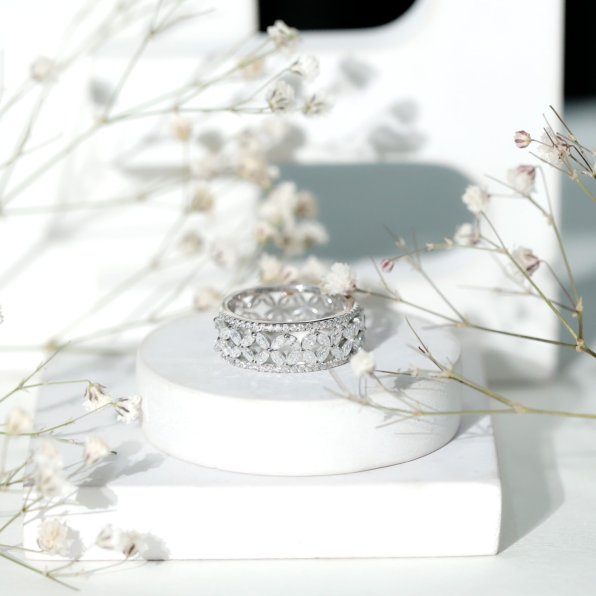 Certified Moissanite Flower Wedding Band for Women D-VS1 - Rosec Jewels
