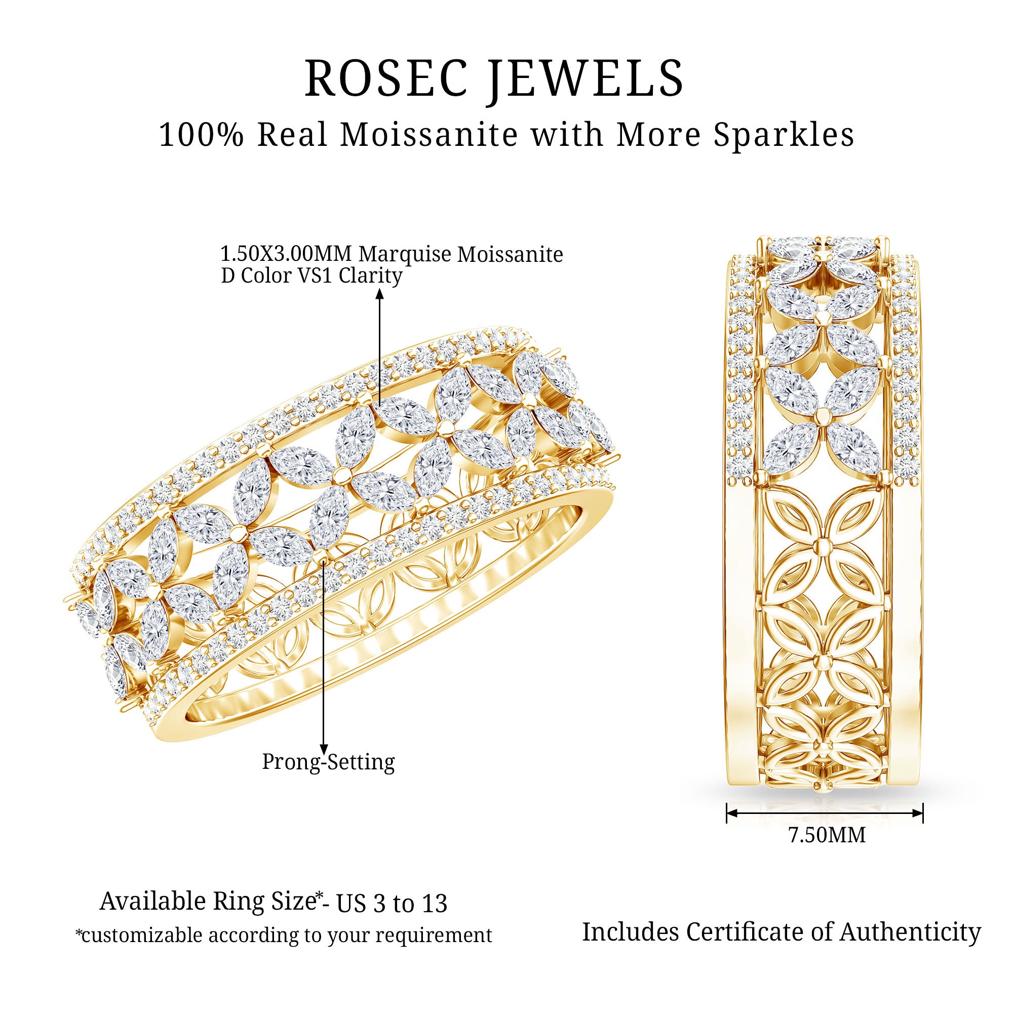 Certified Moissanite Flower Wedding Band for Women D-VS1 - Rosec Jewels