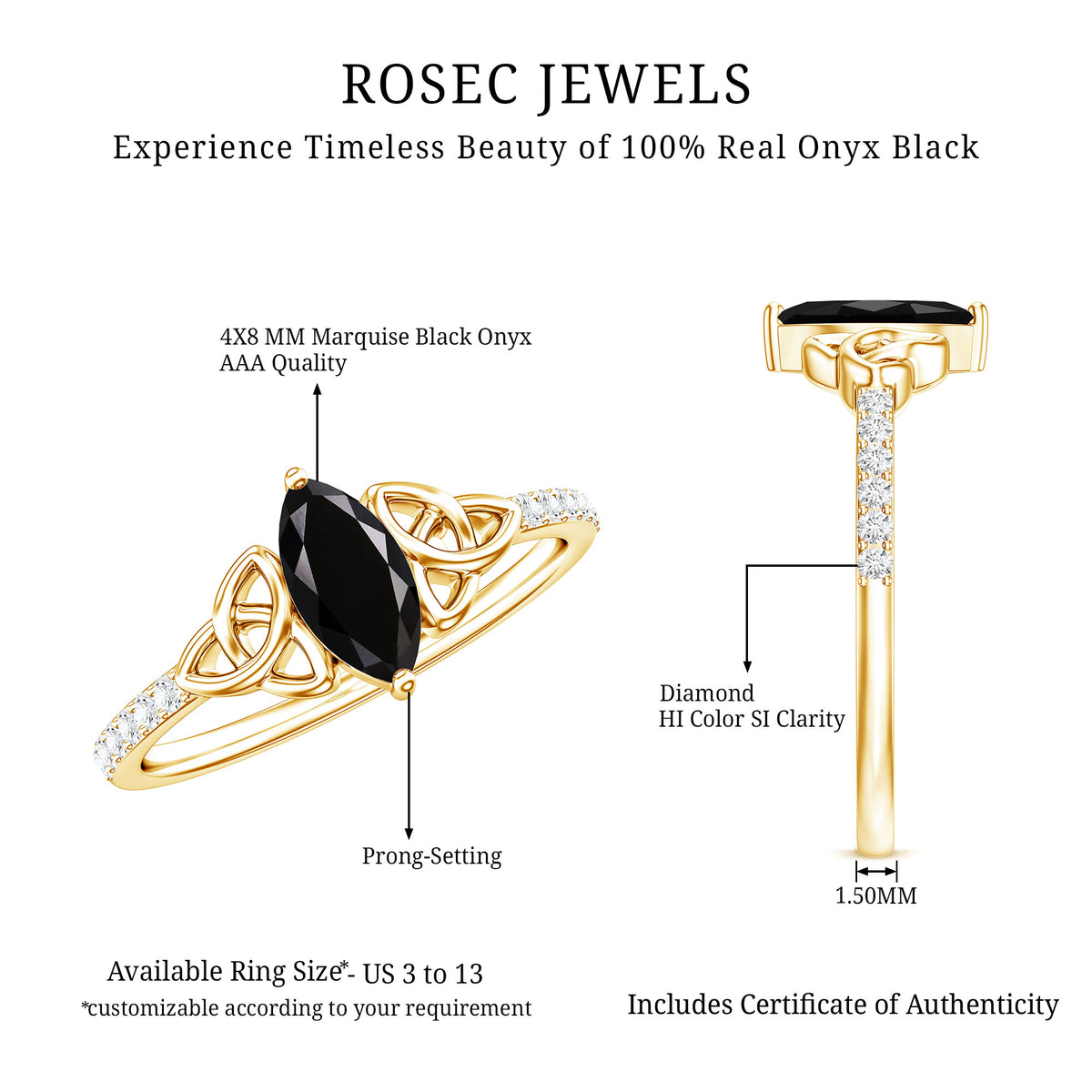 Genuine Black Onyx and Diamond Celtic Design Engagement Ring AAA - Rosec Jewels