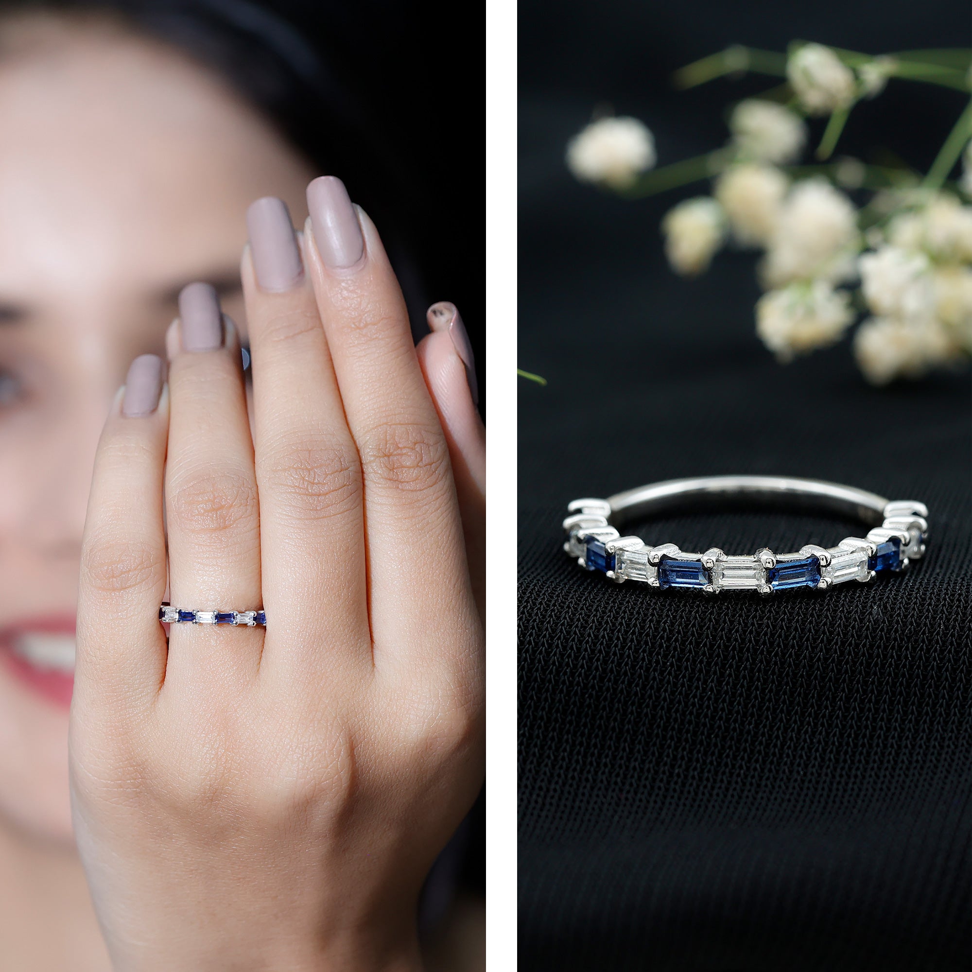 Lab Grown Blue Sapphire Baguette Eternity Ring with Moissanite AAAA - Rosec Jewels