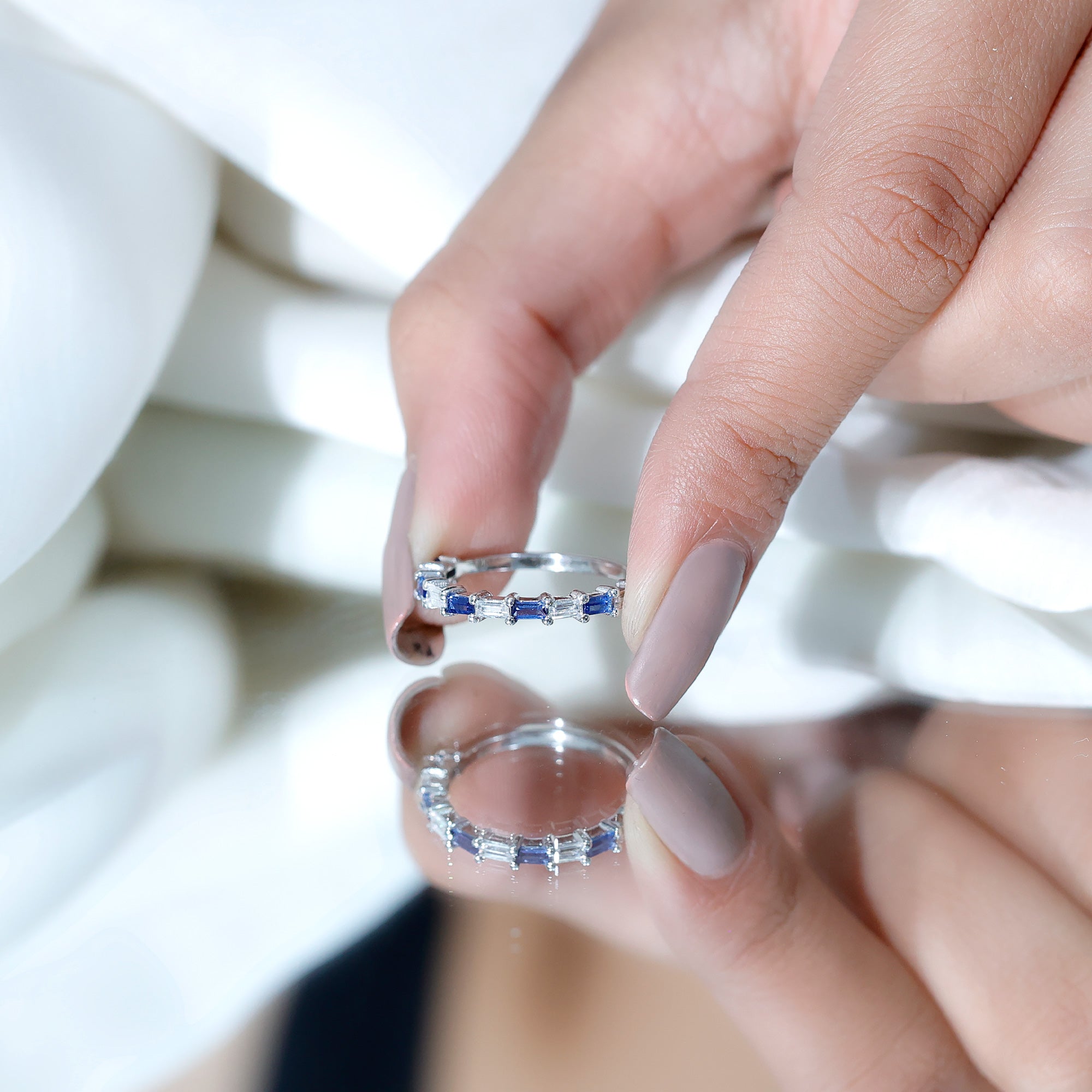 Lab Grown Blue Sapphire Baguette Eternity Ring with Moissanite AAAA - Rosec Jewels
