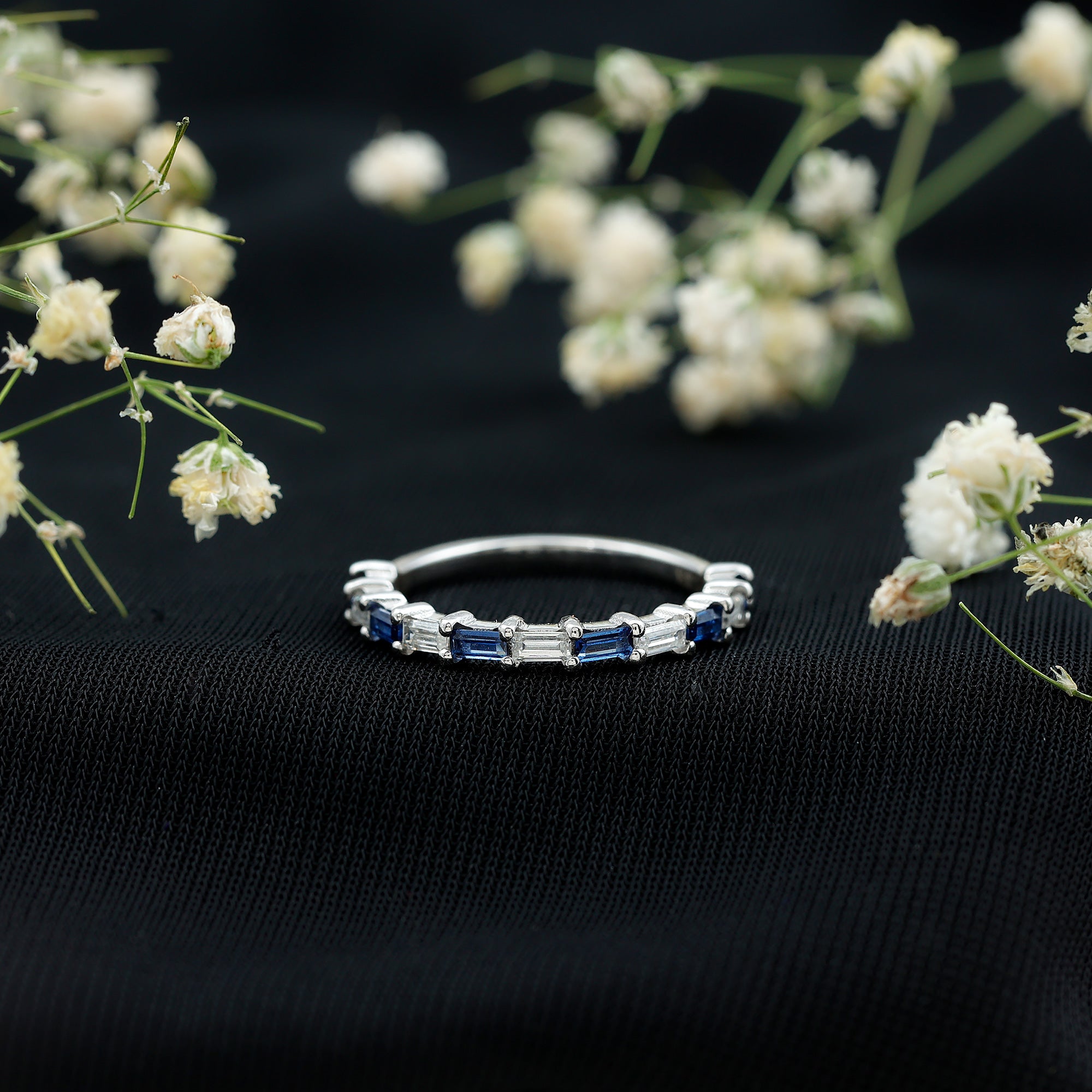 Lab Grown Blue Sapphire Baguette Eternity Ring with Moissanite AAAA - Rosec Jewels