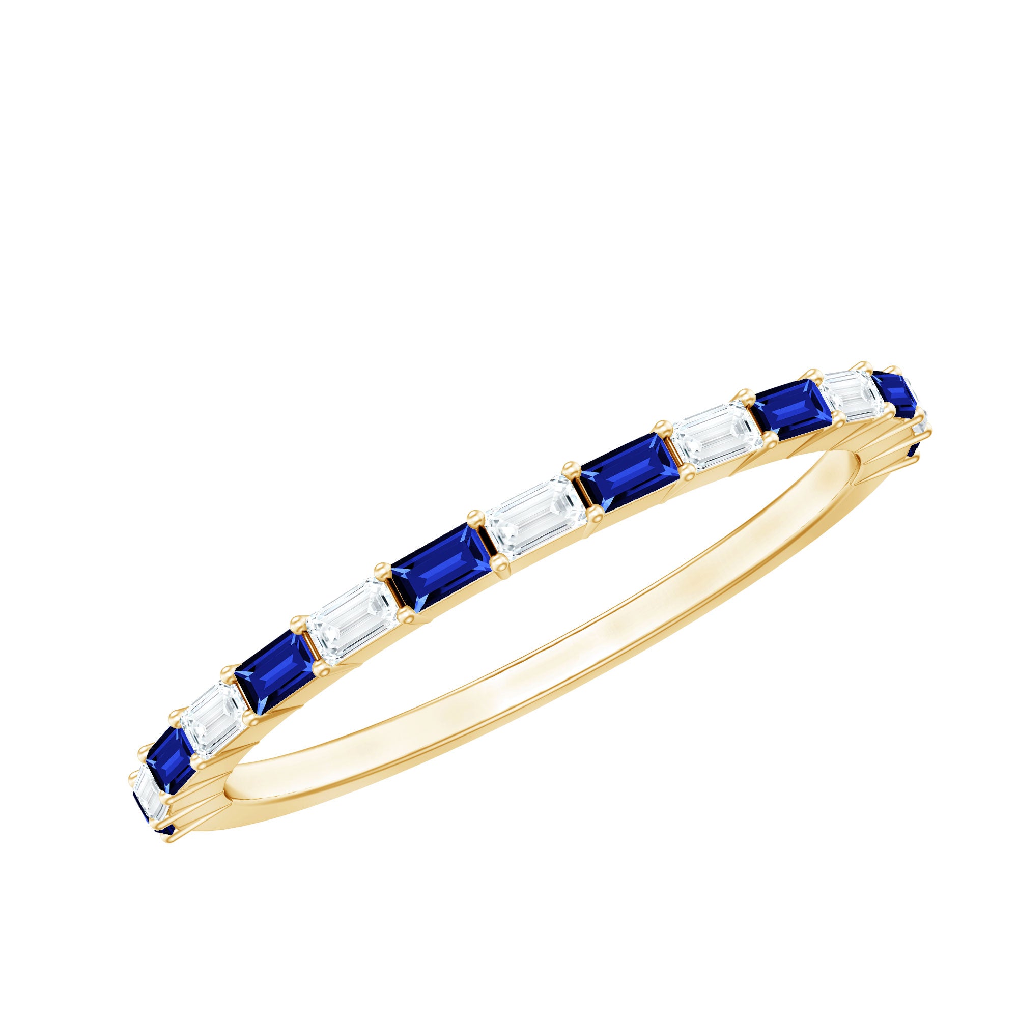 Lab Grown Blue Sapphire Baguette Eternity Ring with Moissanite AAAA - Rosec Jewels