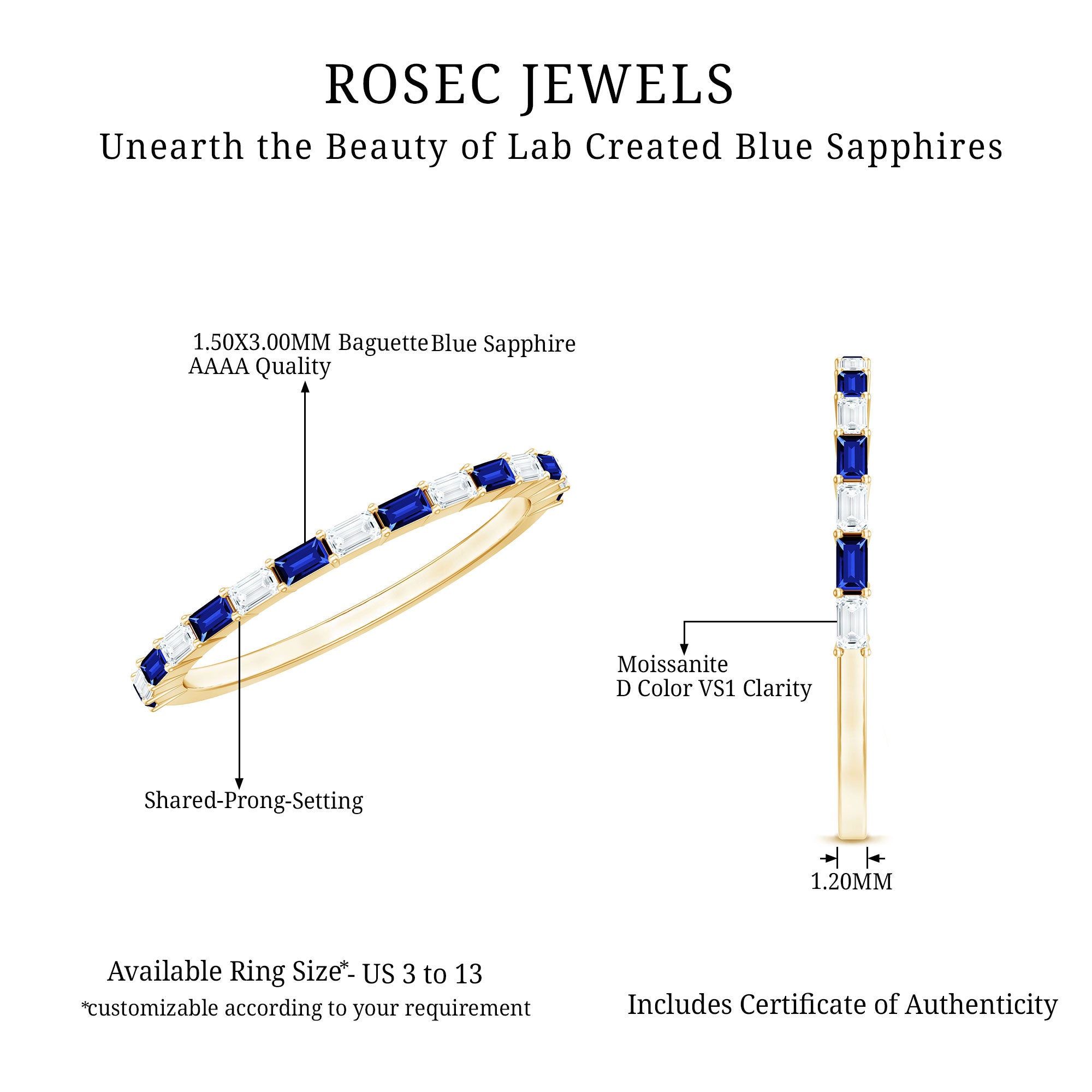 Lab Grown Blue Sapphire Baguette Eternity Ring with Moissanite AAAA - Rosec Jewels