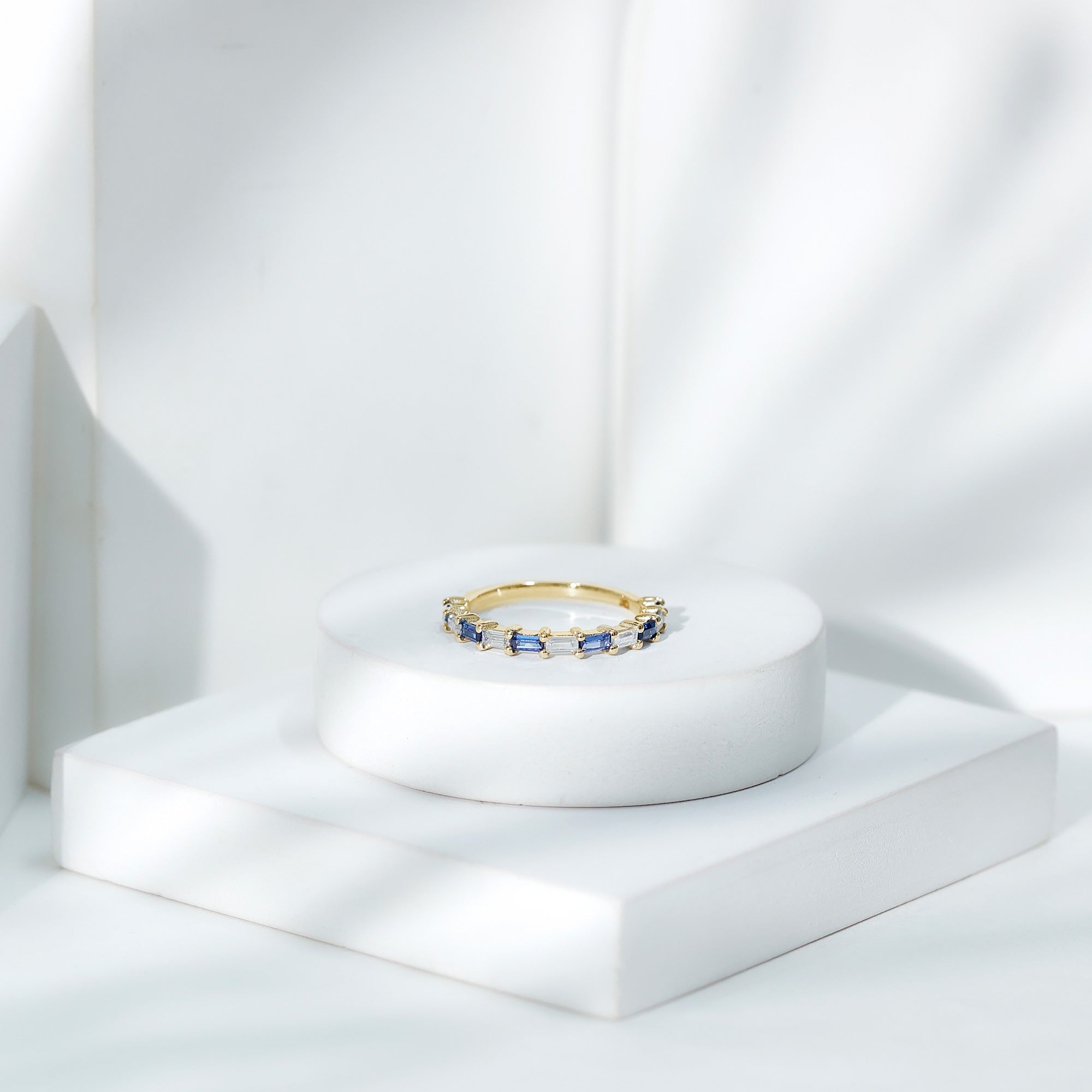 Lab Grown Blue Sapphire Baguette Eternity Ring with Moissanite AAAA - Rosec Jewels