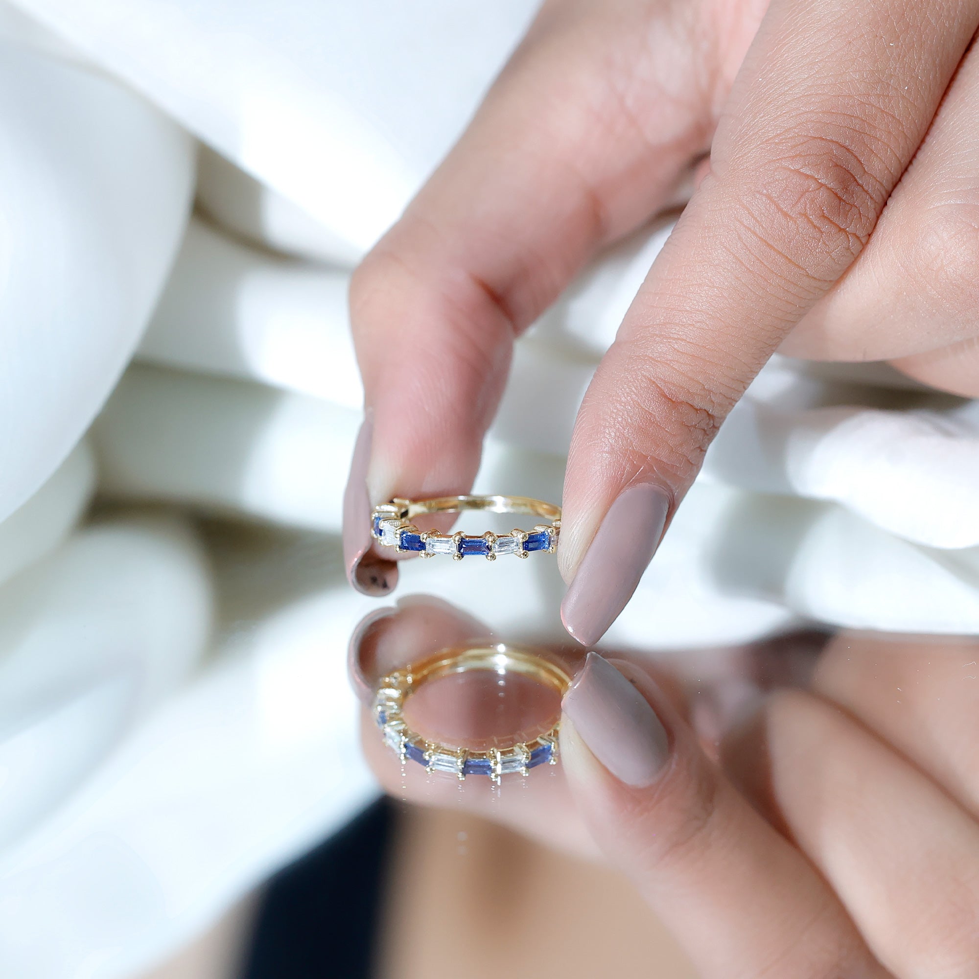 Lab Grown Blue Sapphire Baguette Eternity Ring with Moissanite AAAA - Rosec Jewels