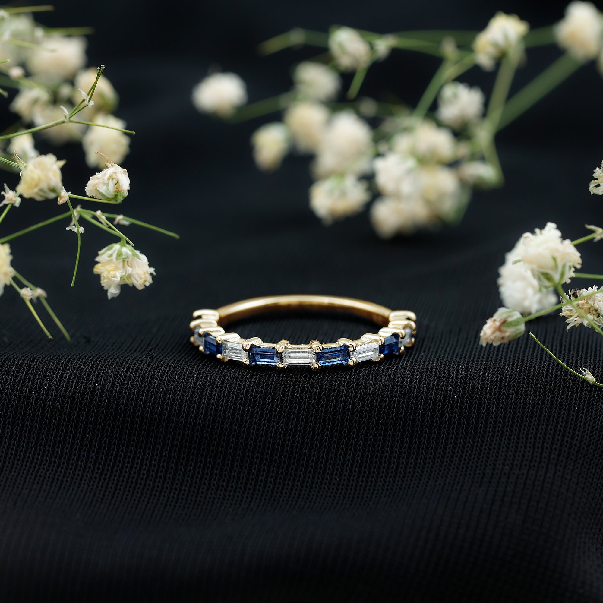 Lab Grown Blue Sapphire Baguette Eternity Ring with Moissanite AAAA - Rosec Jewels