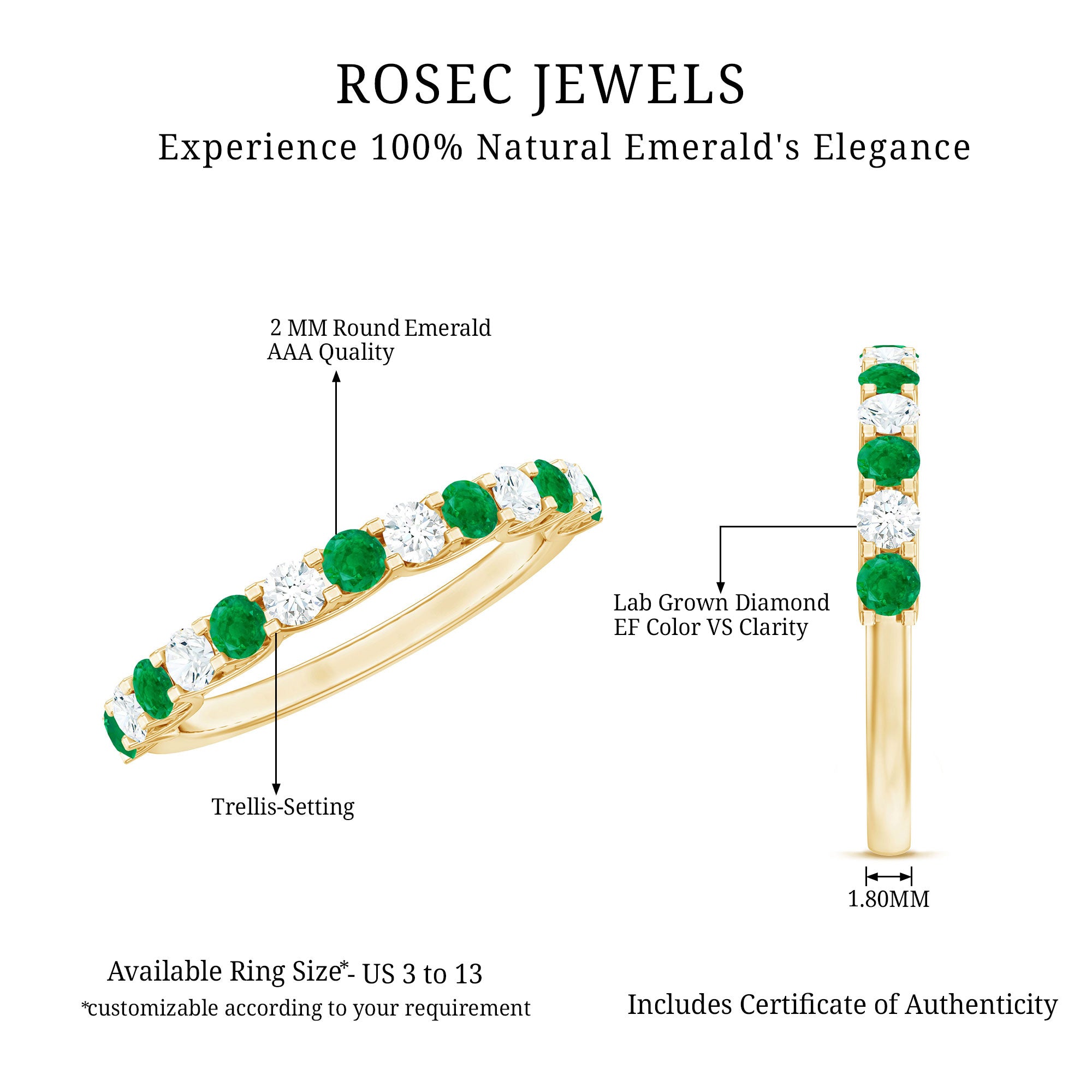 Trellis Set Round Emerald and Diamond Half Eternity Ring AAA - Rosec Jewels