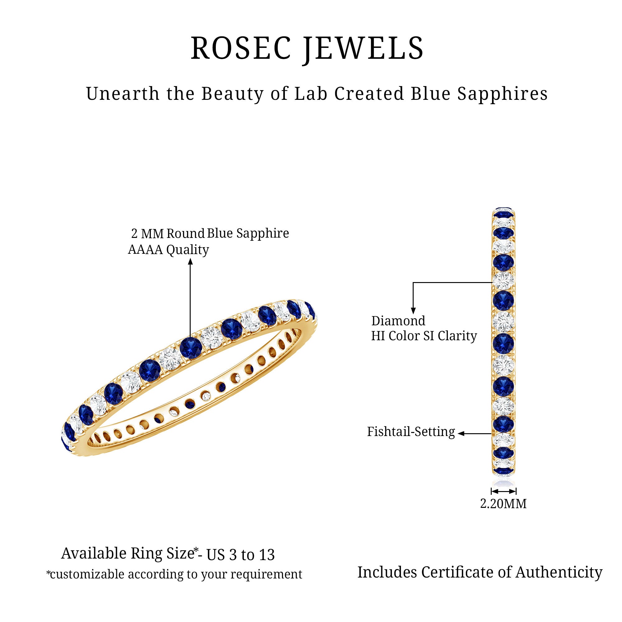 Certified Lab Grown Blue Sapphire Eternity Ring with Diamond AAAA - Rosec Jewels